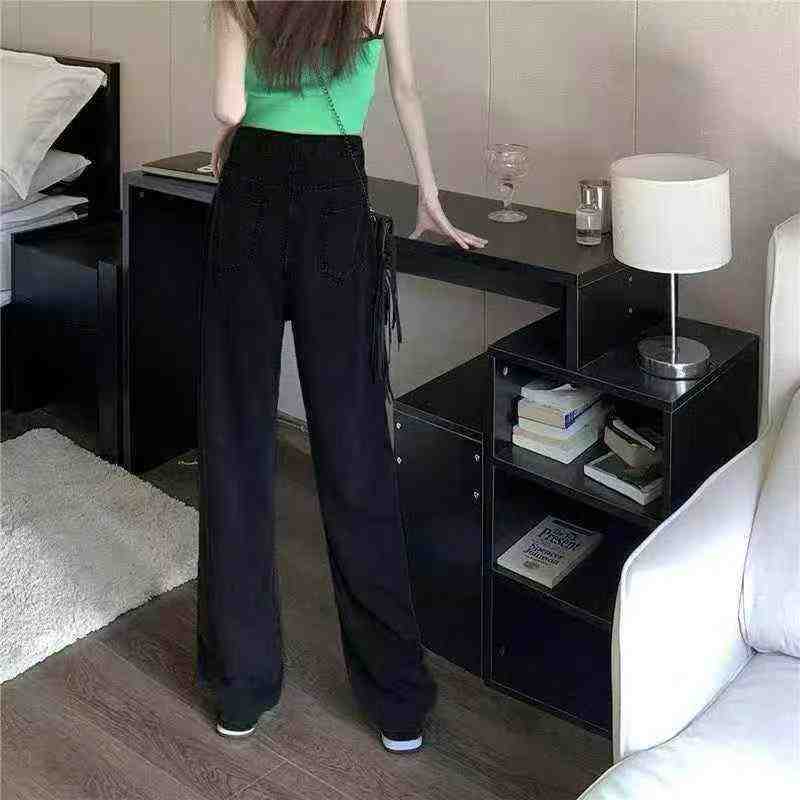 980 dona Tmall savdodan chiqarilgan dizayndagi qora yirtilgan keng oyoqli baland belli jinsi shimlar - Image 4