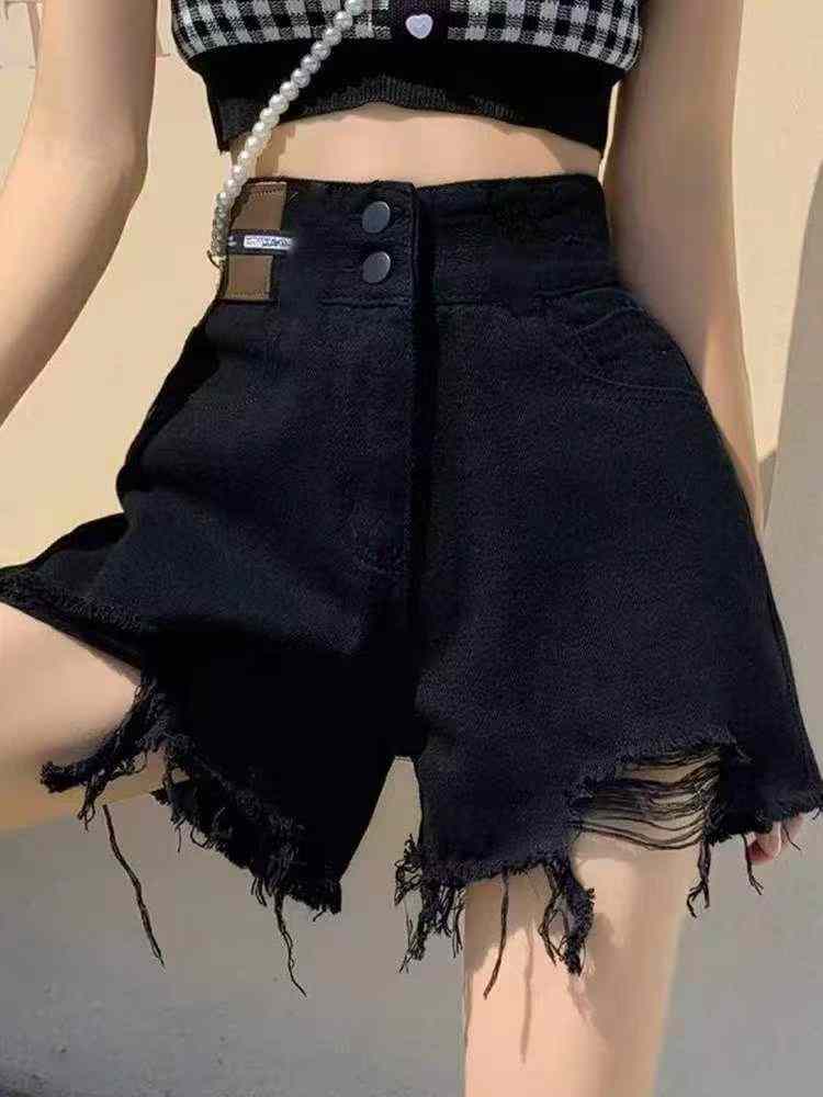 Novidade de Verão Versátil, Shorts Jeans de Cintura Alta, Perna Larga, Desfiados Pretos, Cerca de 1280 Peças - Image 5