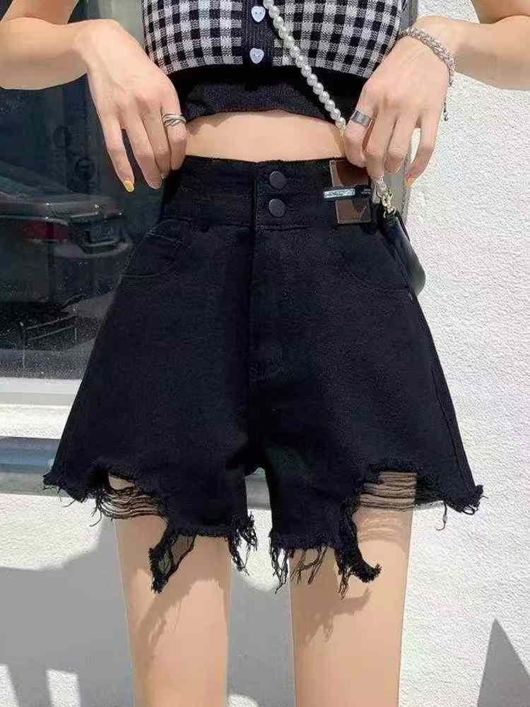 Novidade de Verão Versátil, Shorts Jeans de Cintura Alta, Perna Larga, Desfiados Pretos, Cerca de 1280 Peças - Image 6