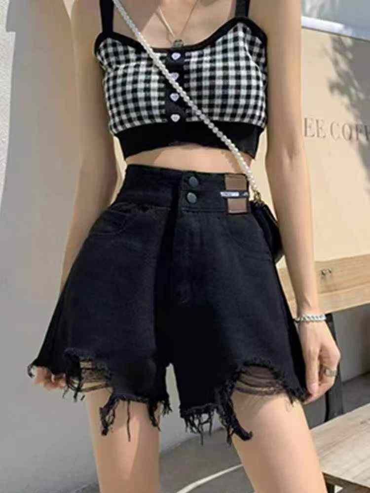 Novidade de Verão Versátil, Shorts Jeans de Cintura Alta, Perna Larga, Desfiados Pretos, Cerca de 1280 Peças - Image 7