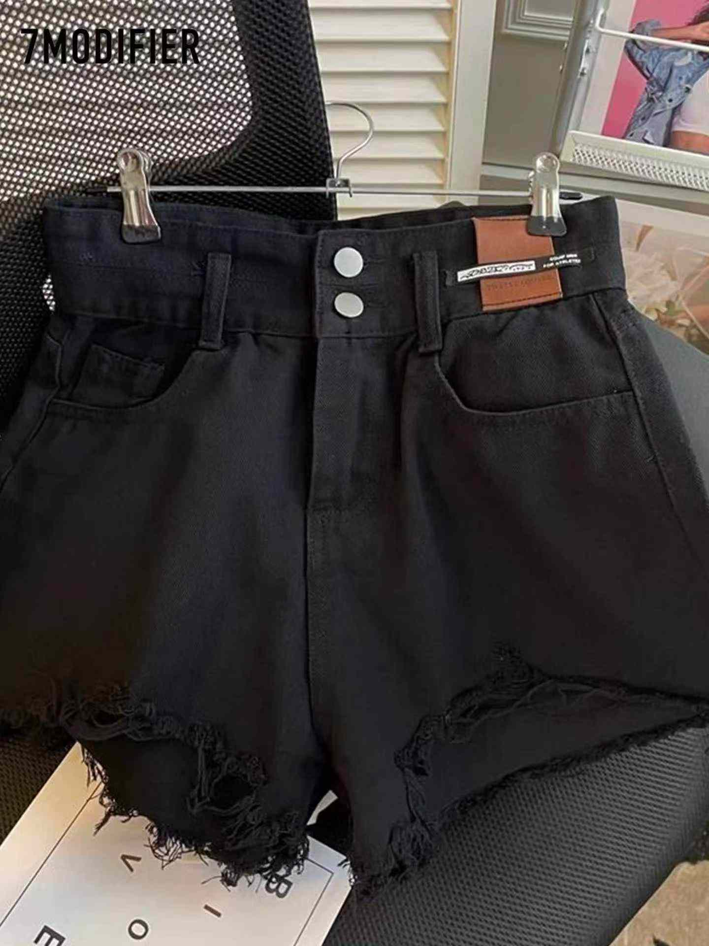 Novidade de Verão Versátil, Shorts Jeans de Cintura Alta, Perna Larga, Desfiados Pretos, Cerca de 1280 Peças - Image 9