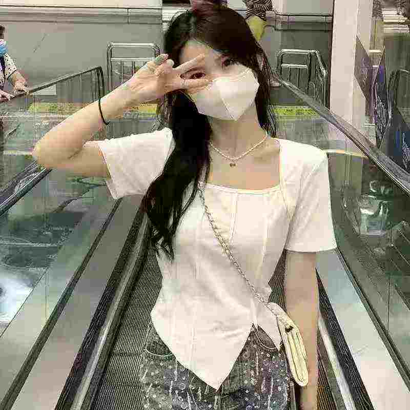 2025 Summer Women's Ice Silk Rib Square Neck Slim Cropped Short Sleeve T-shirt, About 1000 Pieces - Image 2