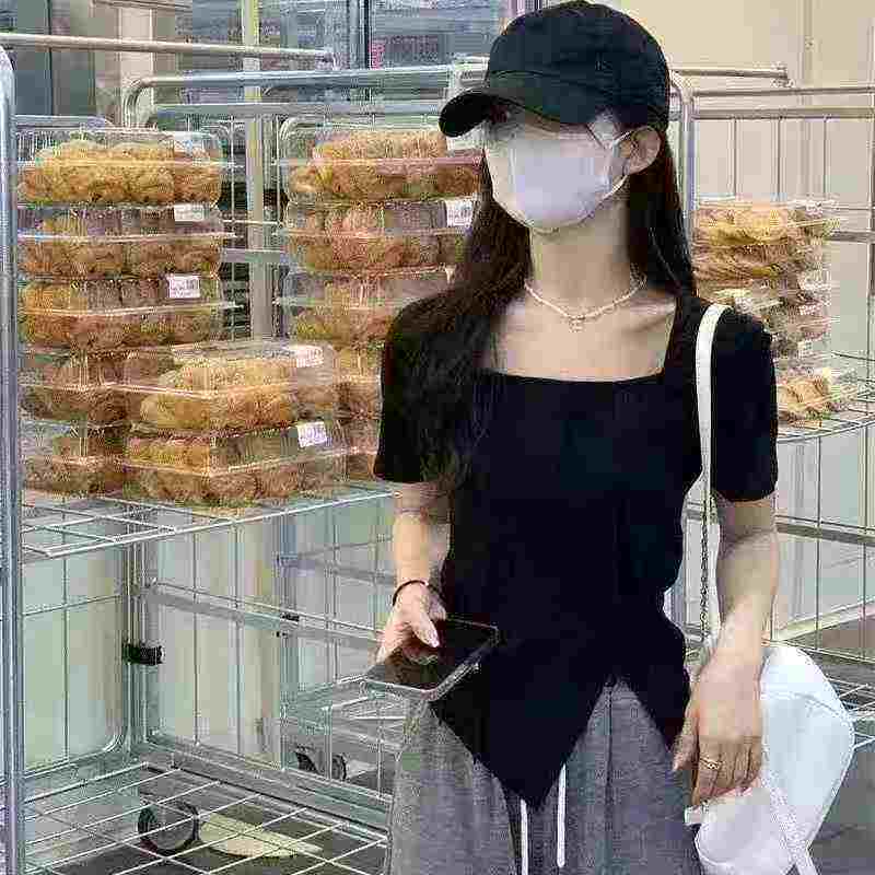2025 Summer Women's Ice Silk Rib Square Neck Slim Cropped Short Sleeve T-shirt, About 1000 Pieces - Image 3