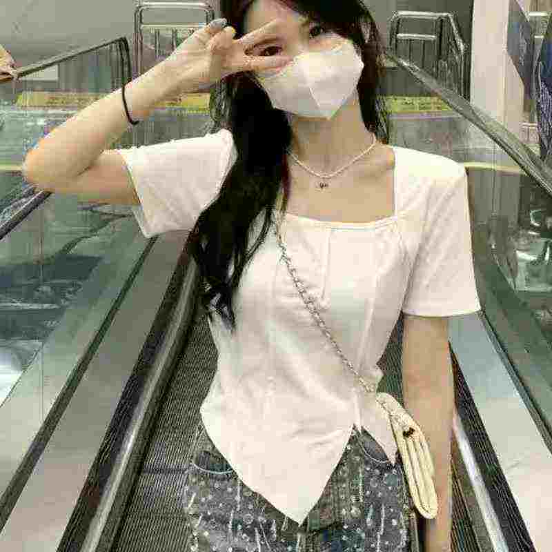 2025 Summer Women's Ice Silk Rib Square Neck Slim Cropped Short Sleeve T-shirt, About 1000 Pieces - Image 8