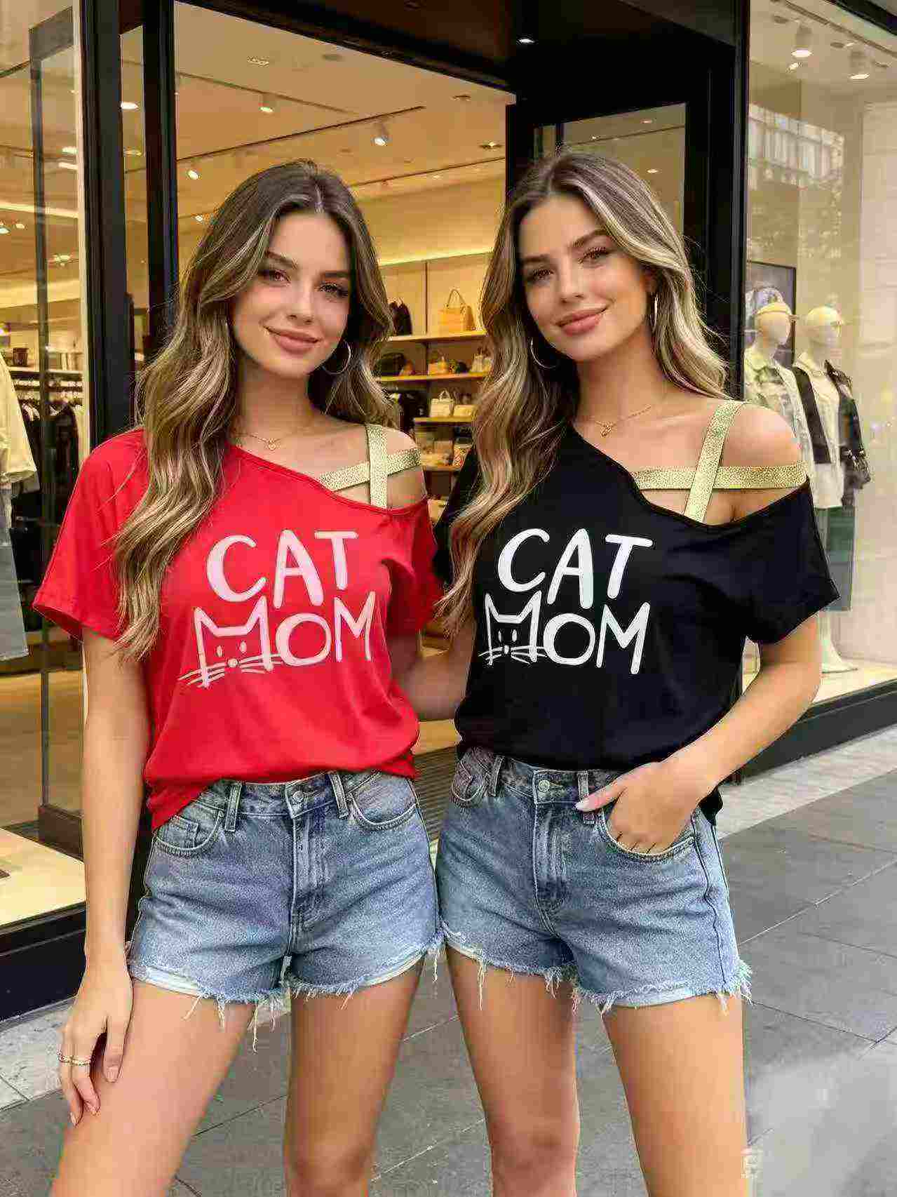 1300 Pcs Clearance Popular European American Casual Cross Off-shoulder Cotton Short Sleeve T-shirts - Image 4