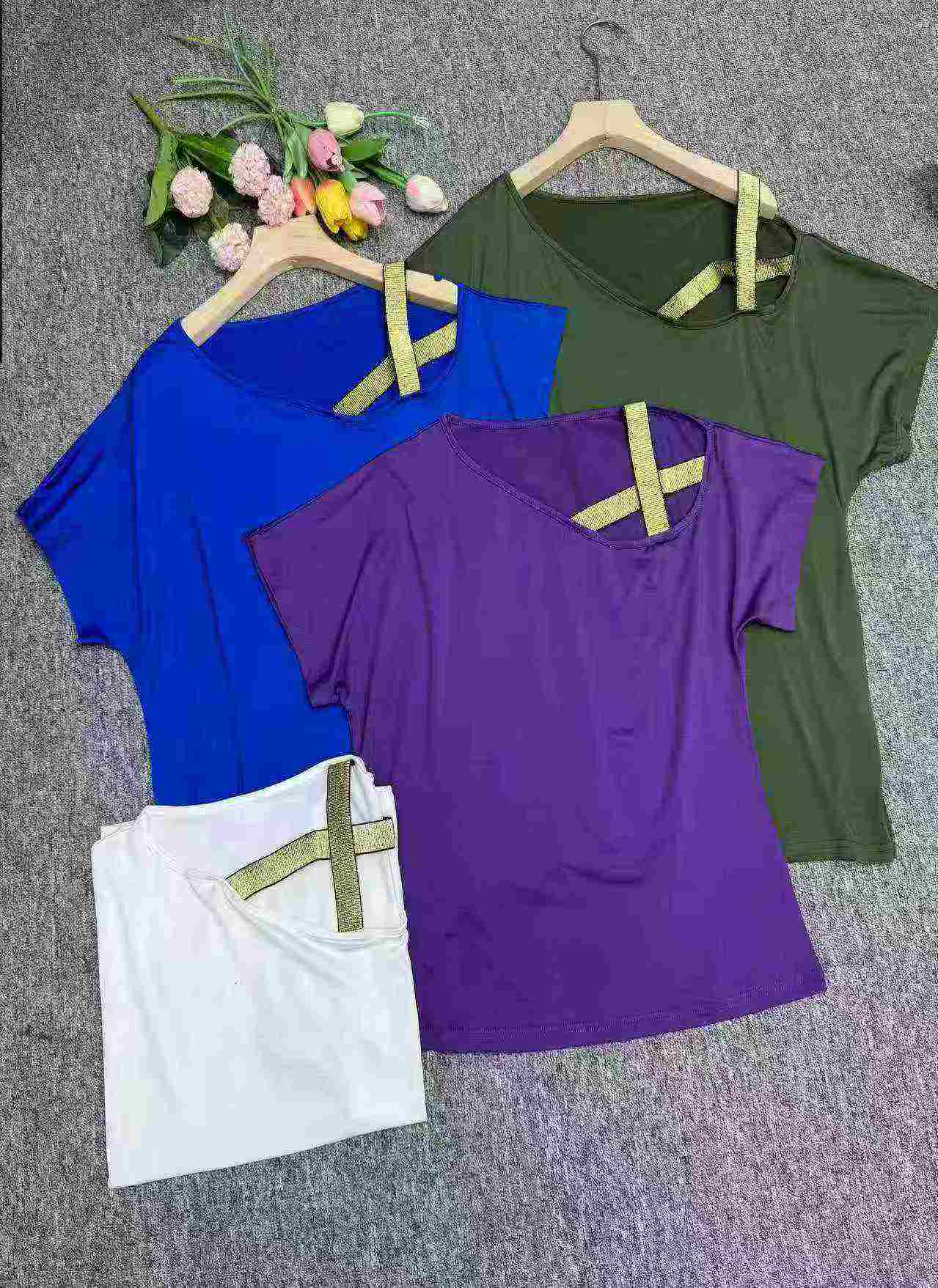 1300 Pcs Clearance Popular European American Casual Cross Off-shoulder Cotton Short Sleeve T-shirts - Image 5