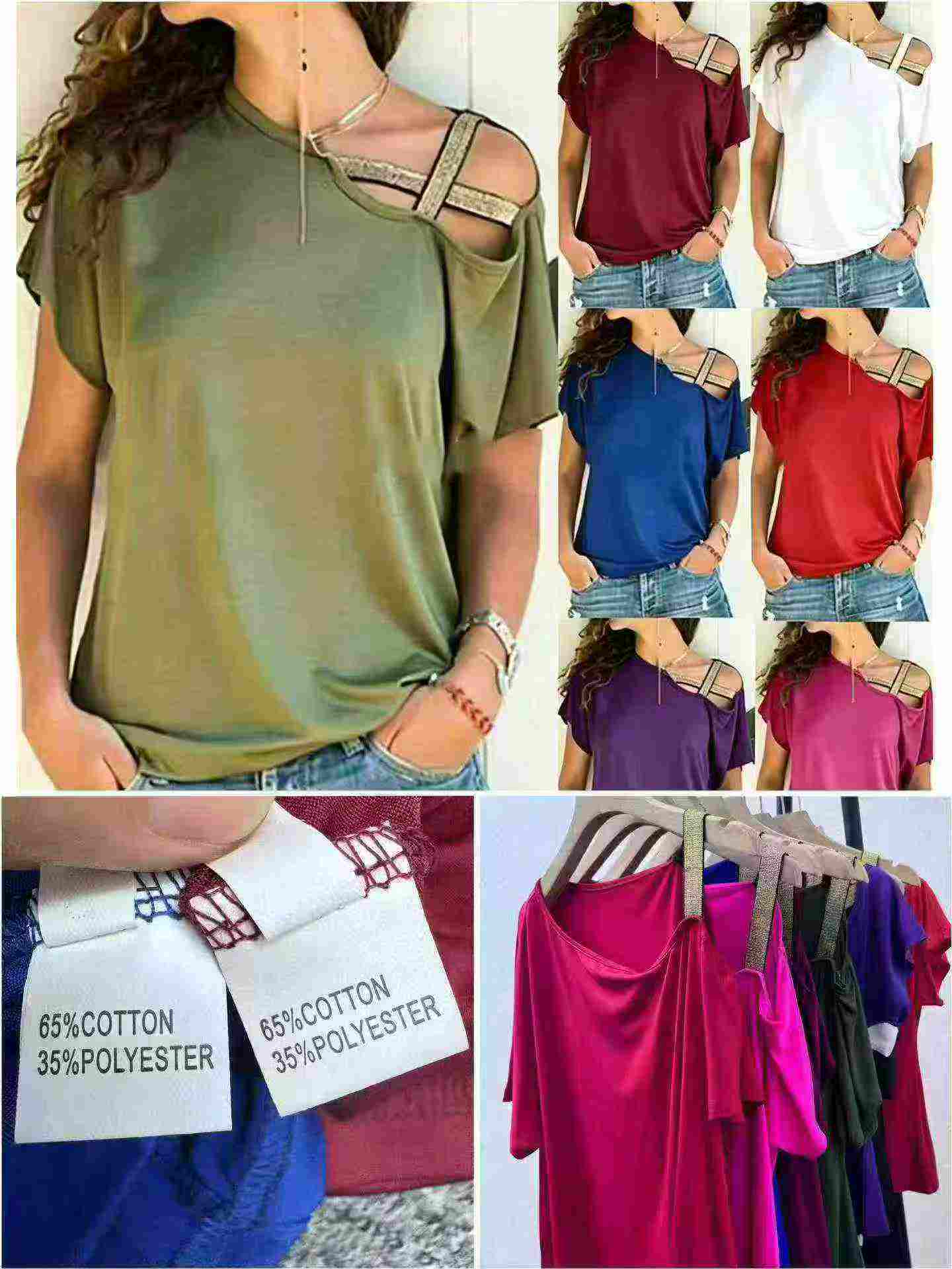 1300 Pcs Clearance Popular European American Casual Cross Off-shoulder Cotton Short Sleeve T-shirts - Image 9