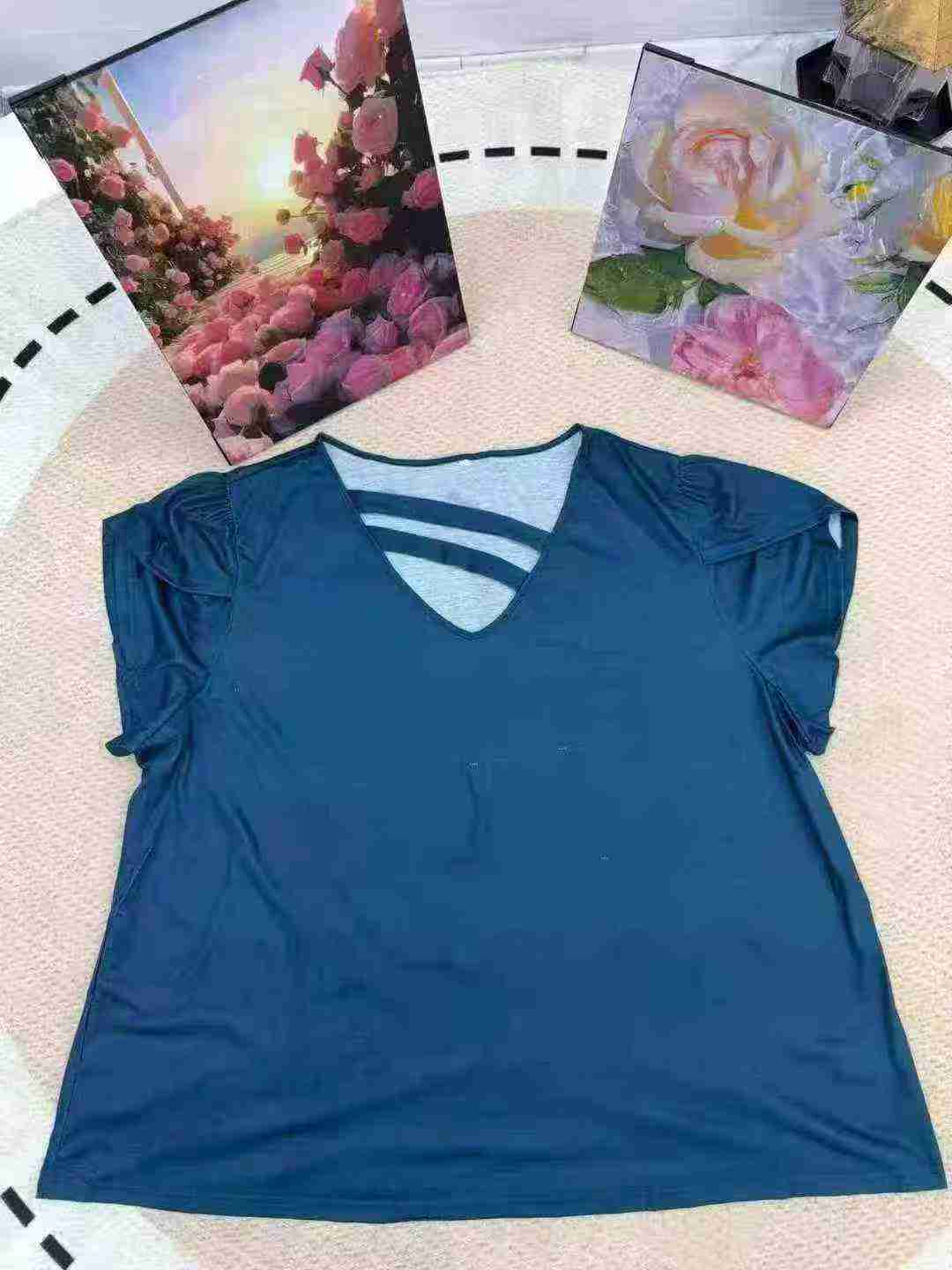 450 Pcs European American Original Women's V Neck Petal Sleeve T-Shirt - Image 3