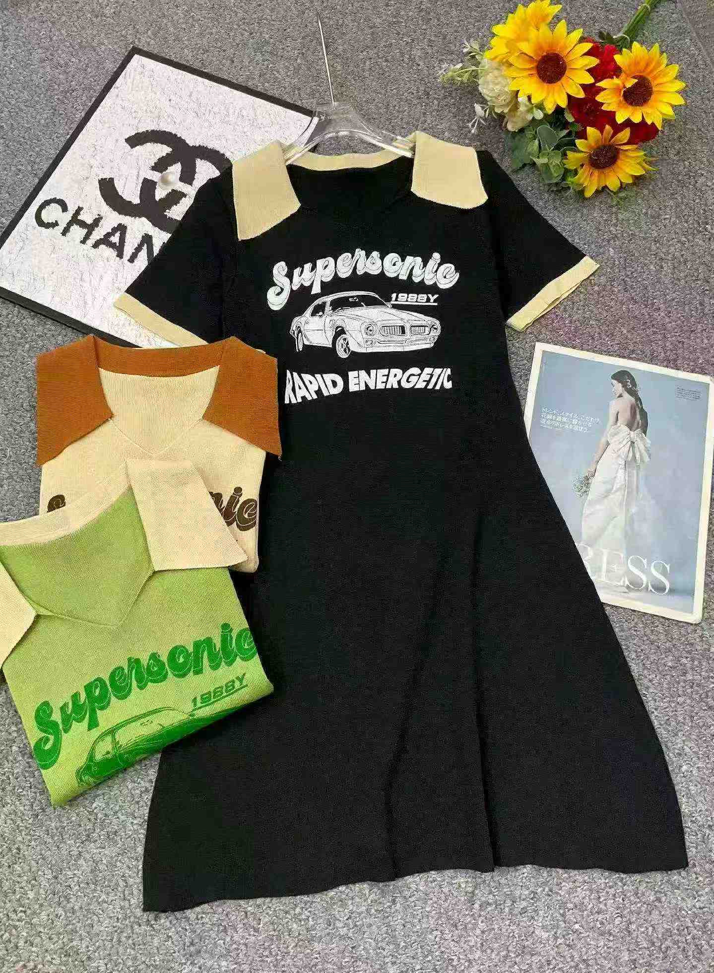 Vestido de punto de verano vintage estampado con cuello polo, 740 piezas - Image 2