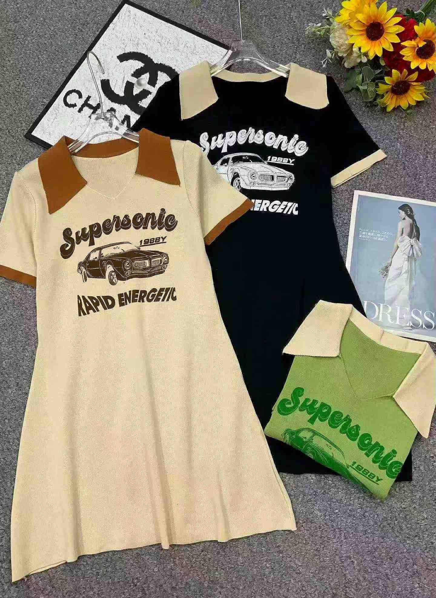 Vestido de punto de verano vintage estampado con cuello polo, 740 piezas - Image 3