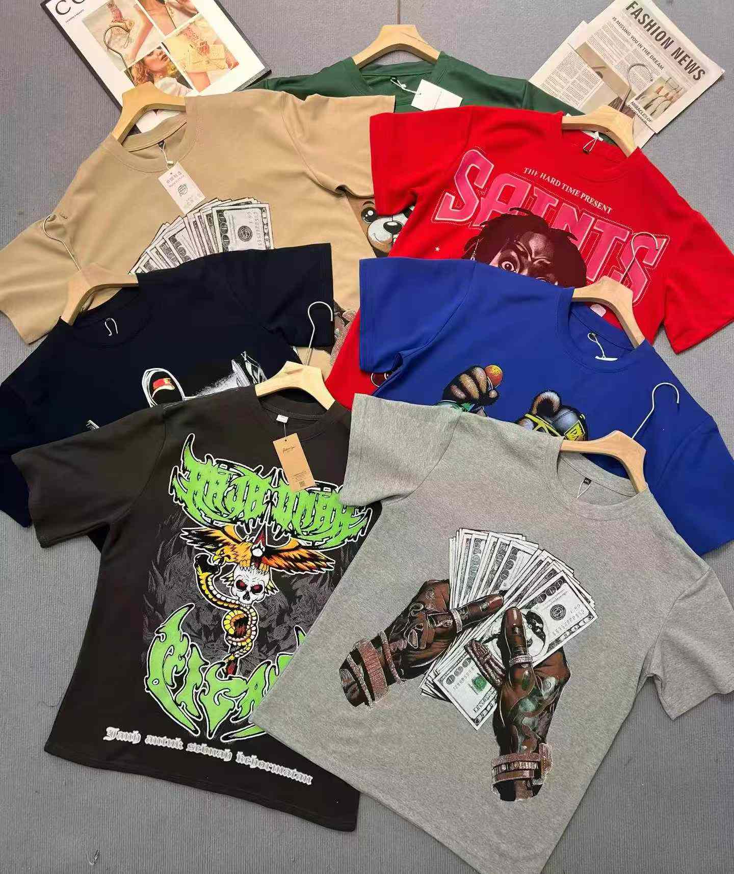 เสื้อยืดแขนสั้นผู้ชาย ทรงหลวม พิมพ์ลายสไตล์เรโทรโทนเข้ม น้ำหนักหนาพิเศษ 350 กรัม มีสินค้าคงคลังประมาณ 7,800 ตัว - Image 5