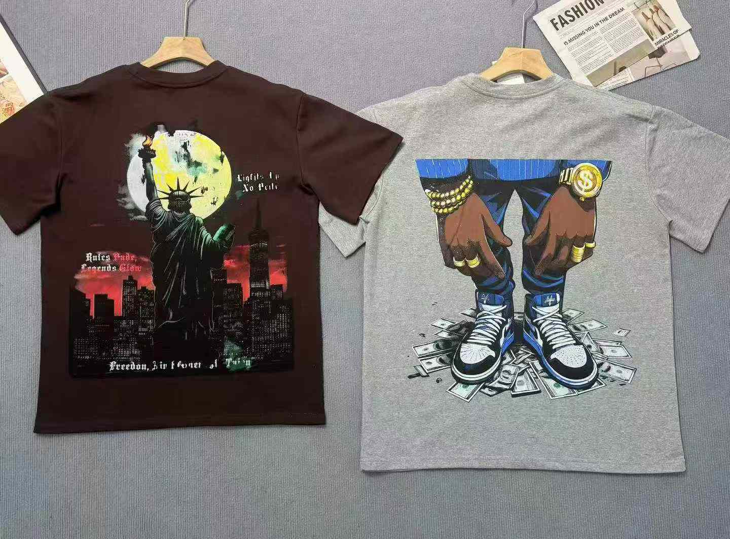 เสื้อยืดแขนสั้นผู้ชาย ทรงหลวม พิมพ์ลายสไตล์เรโทรโทนเข้ม น้ำหนักหนาพิเศษ 350 กรัม มีสินค้าคงคลังประมาณ 7,800 ตัว - Image 7