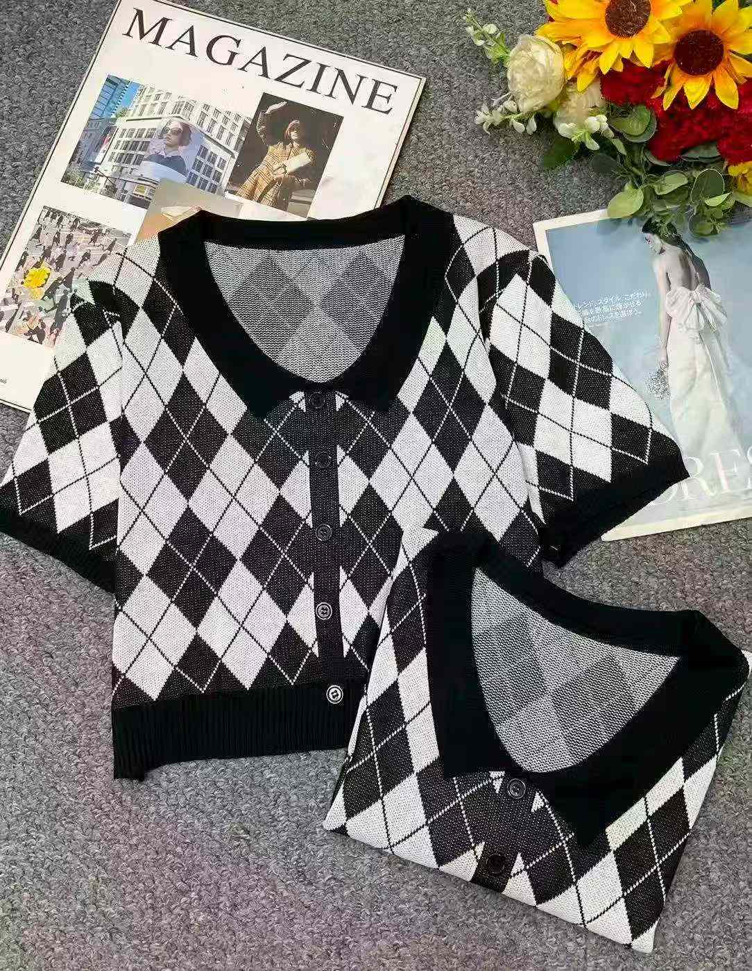 Top de punto retro de verano a cuadros con cuello polo para mujer, 945 piezas - Image 3