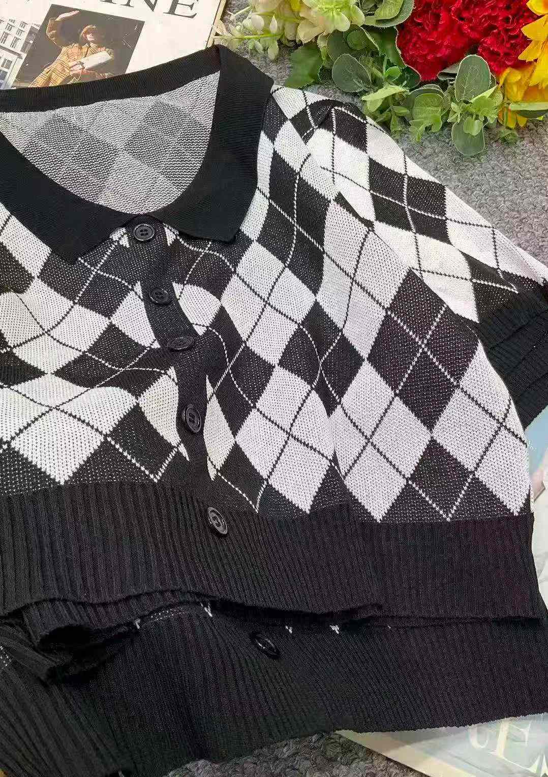 Top de punto retro de verano a cuadros con cuello polo para mujer, 945 piezas - Image 9