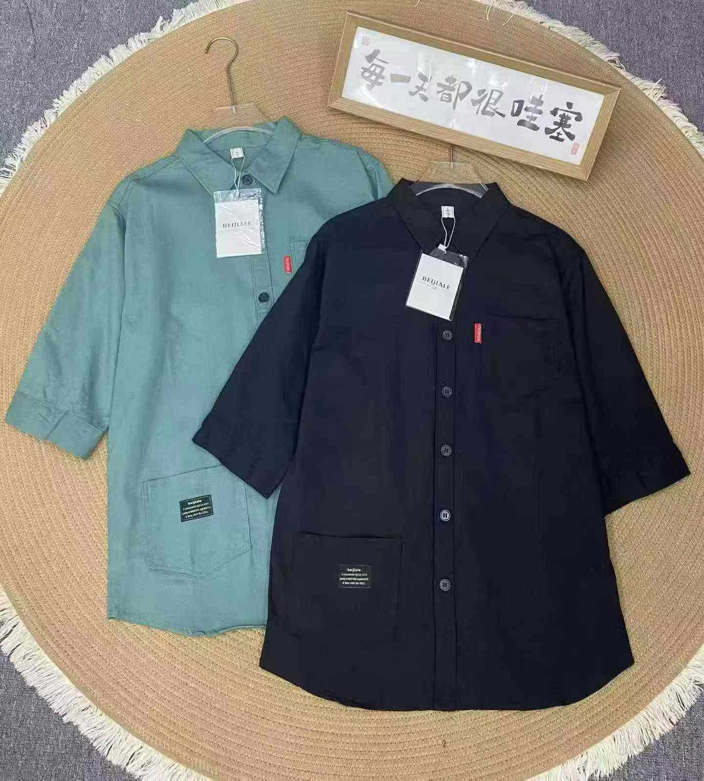 Kemeja Cargo Lengan 3/4 Pria Katun Gaya Korea Musim Panas 670 Potong - Image 3