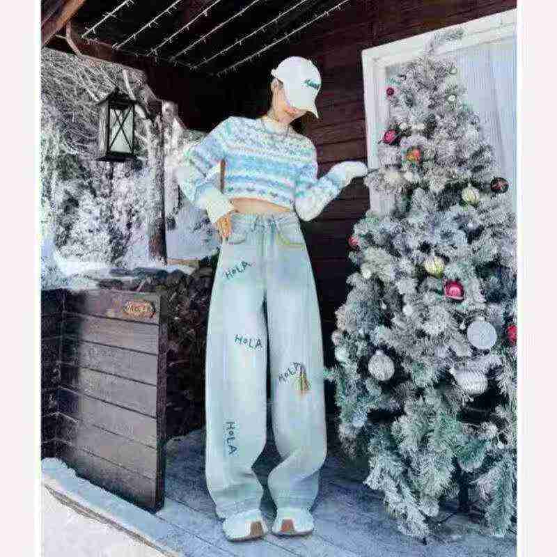 Light Color Embroidered Autumn Winter Thick Fleece Stretch Wide Leg Jeans, 1000 Pieces, Sizes S-2XL - Image 3