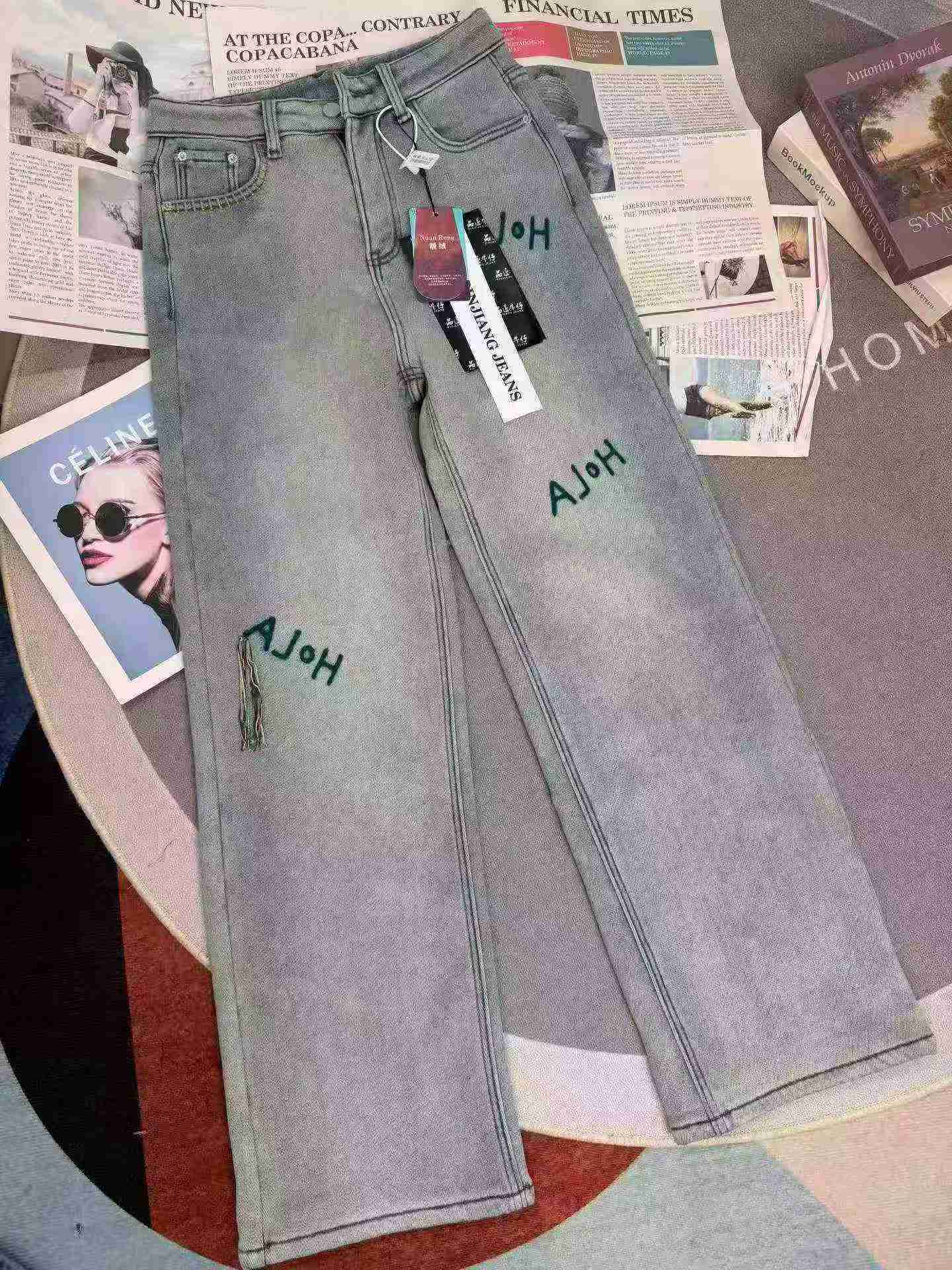 Light Color Embroidered Autumn Winter Thick Fleece Stretch Wide Leg Jeans, 1000 Pieces, Sizes S-2XL - Image 4