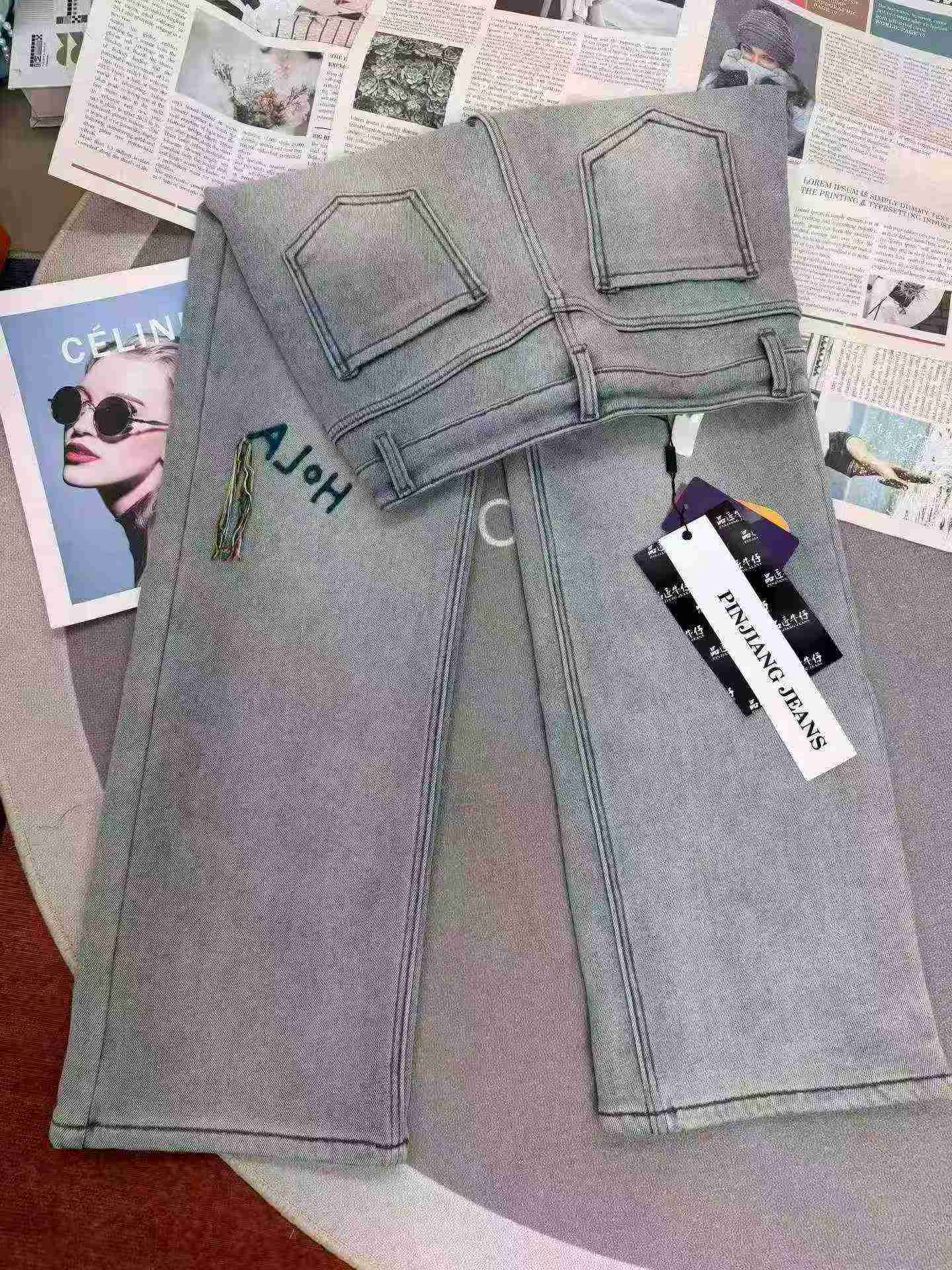 Light Color Embroidered Autumn Winter Thick Fleece Stretch Wide Leg Jeans, 1000 Pieces, Sizes S-2XL - Image 6