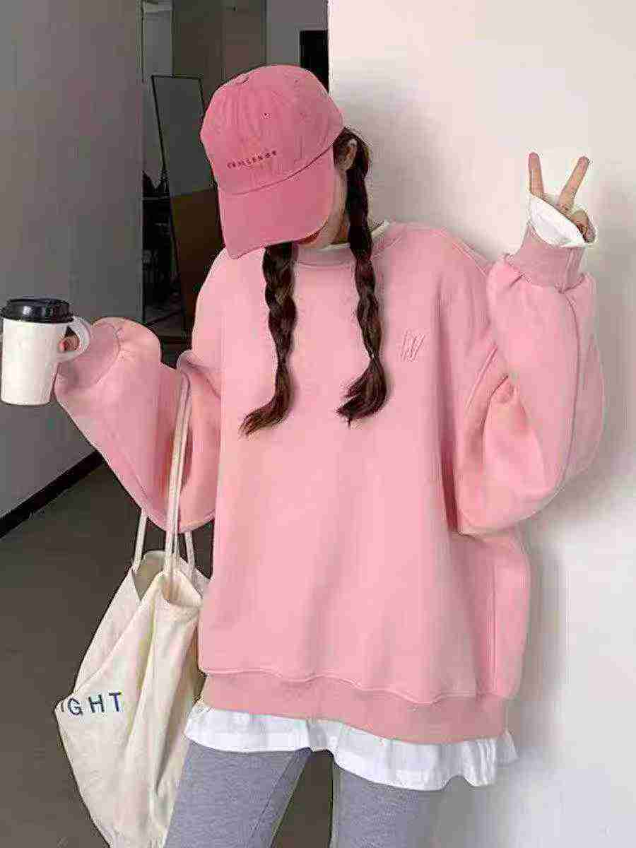 500PCS Women's Fake Two-piece Fleece Lined Cotton Blend Round Neck Sweatshirt - Image 3