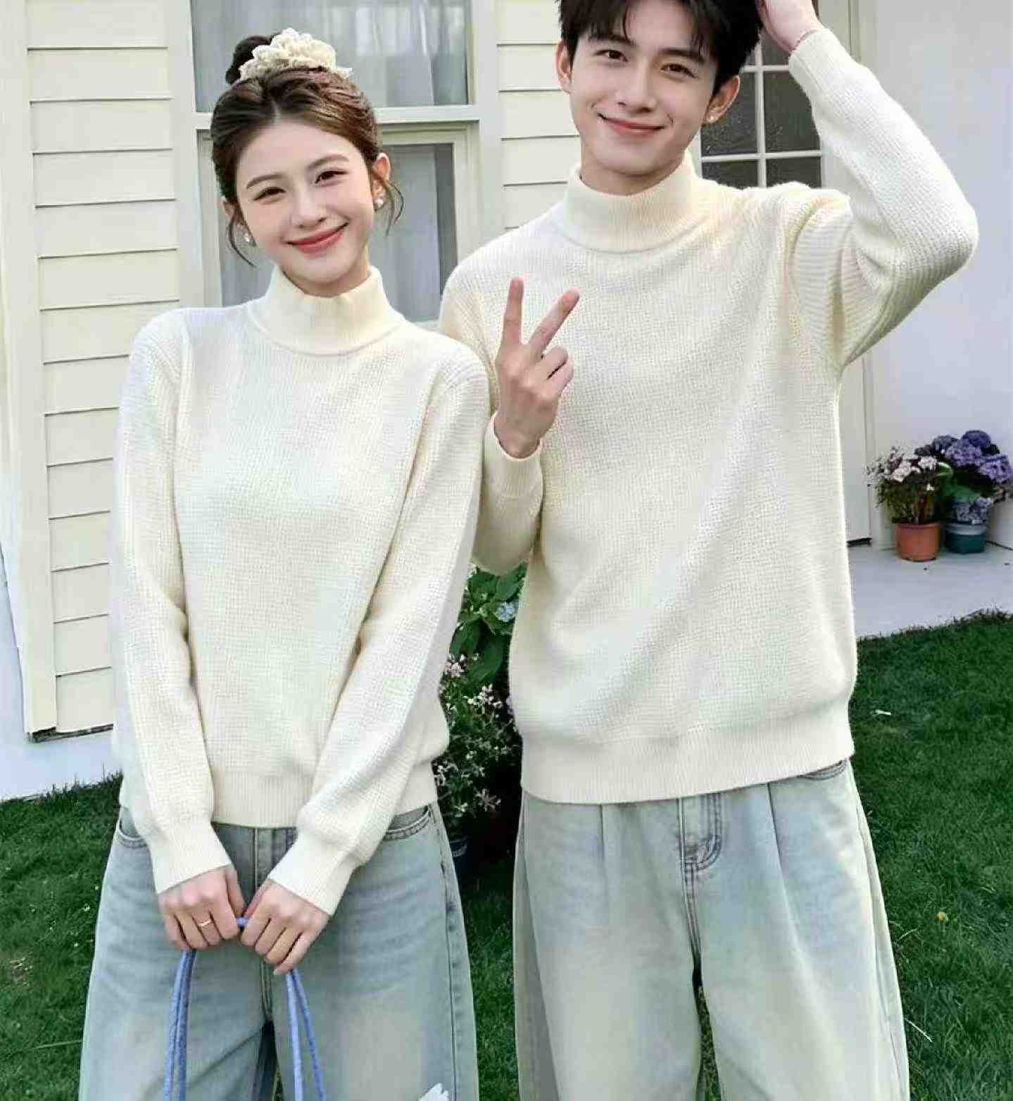 Áo len cổ lọ nửa vân waffle màu trơn dáng rộng mùa Thu Đông, 357 chiếc - Image 5