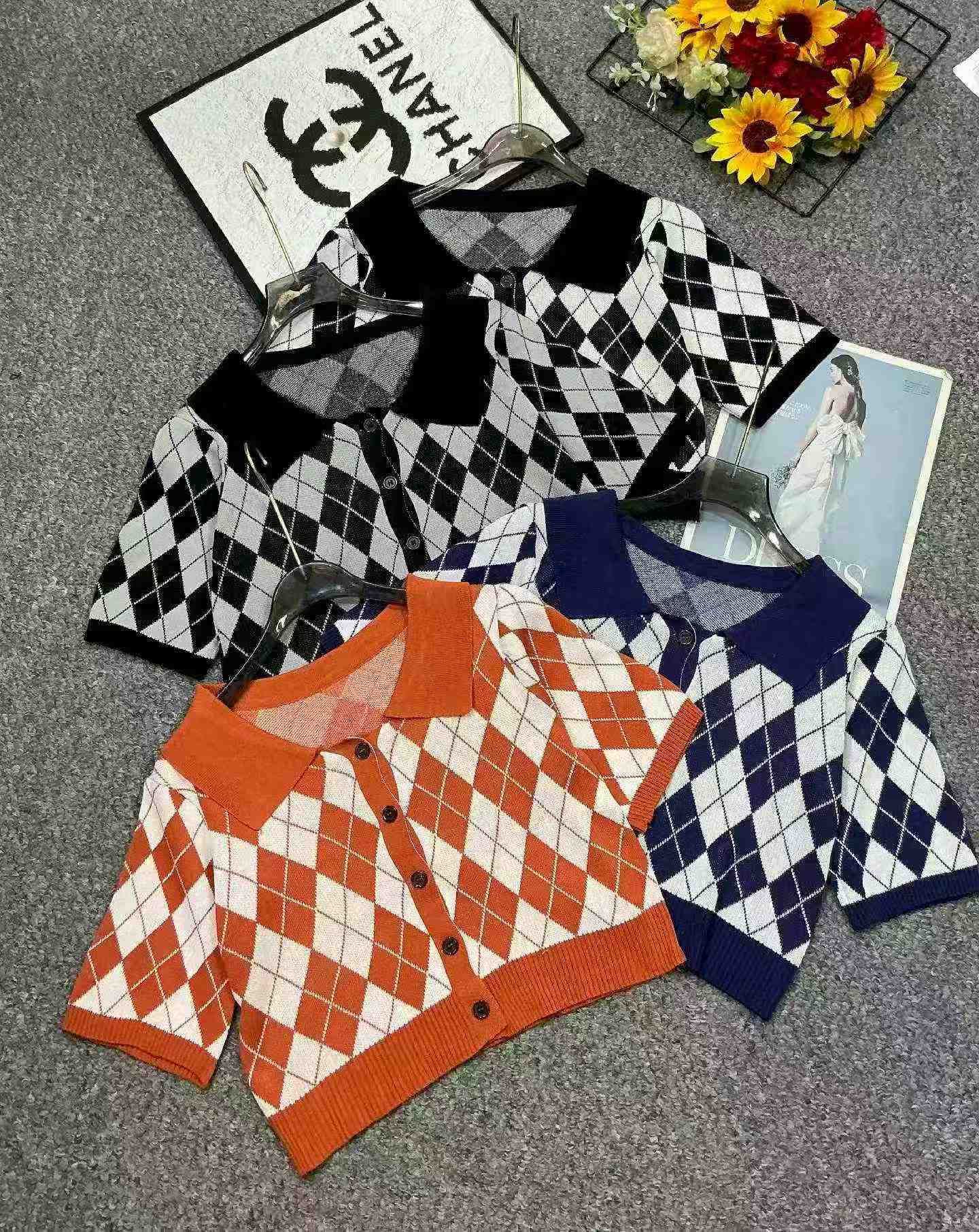 Summer New Korean American Style Vintage Plaid Polo Collar Knit Top, 4000 Pieces - Image 2