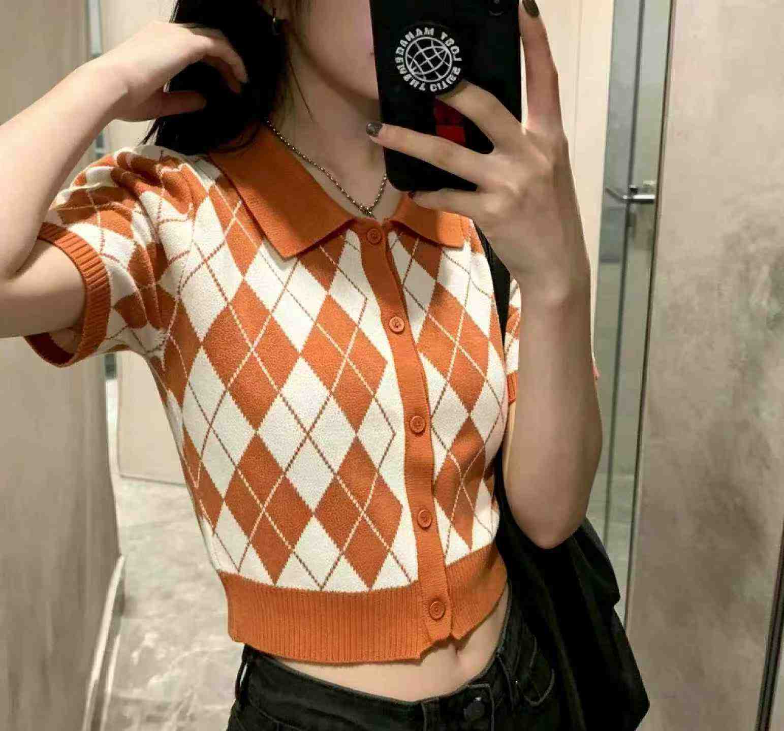Summer New Korean American Style Vintage Plaid Polo Collar Knit Top, 4000 Pieces - Image 6