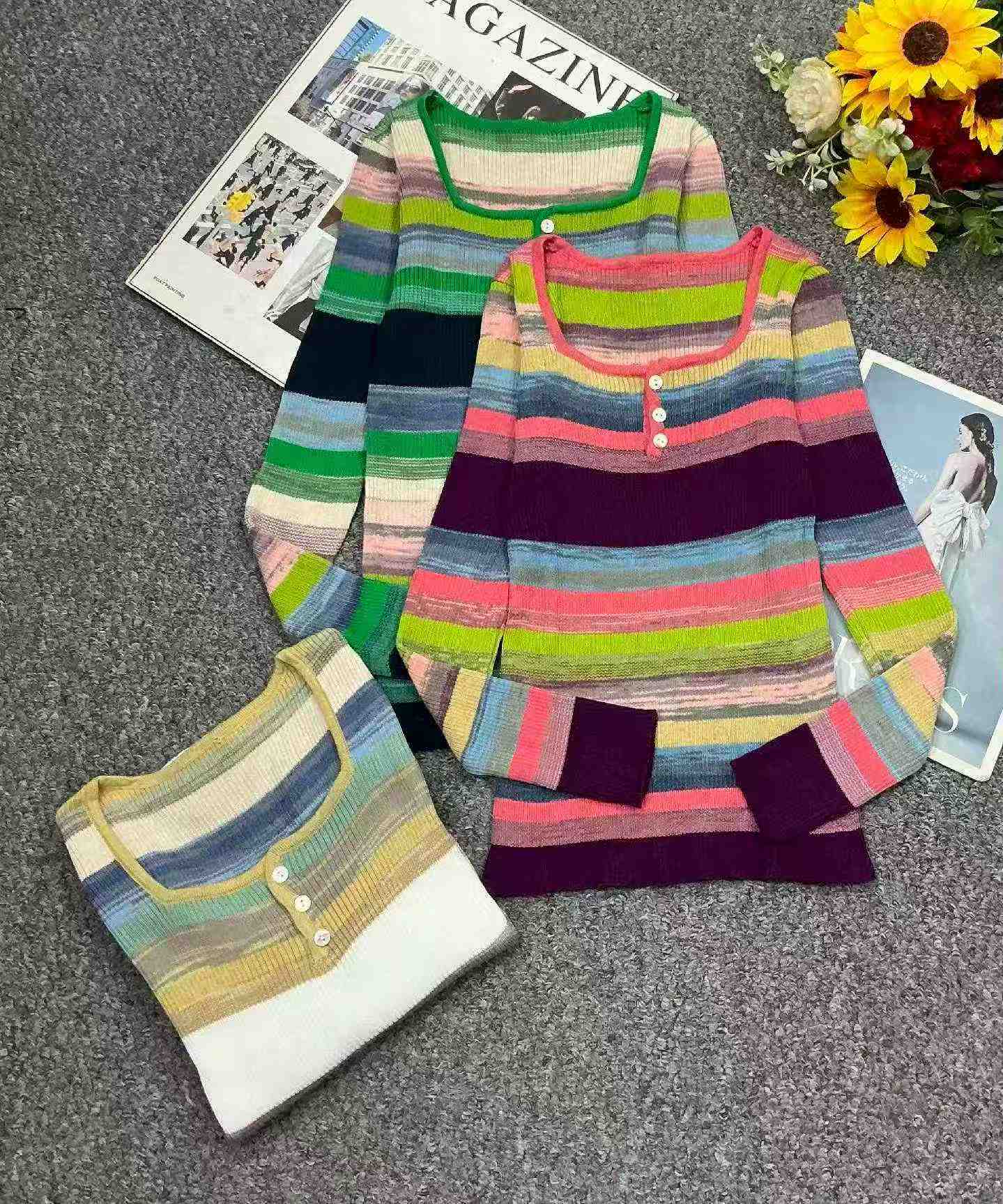 Spring Autumn New Slim Stretch Rainbow Stripe Long Sleeve Knit Sweater, 510 Pieces - Image 2