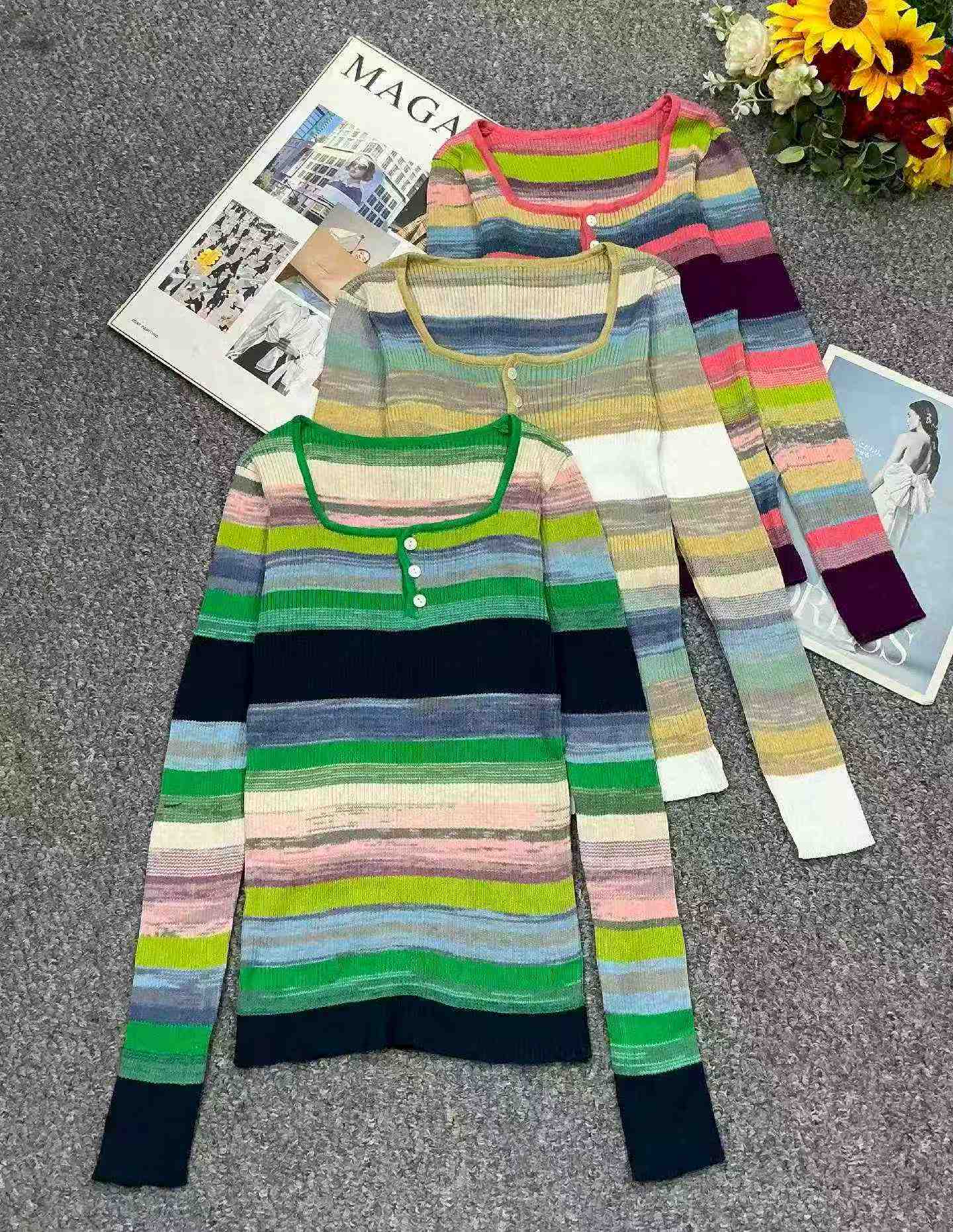 Spring Autumn New Slim Stretch Rainbow Stripe Long Sleeve Knit Sweater, 510 Pieces - Image 3