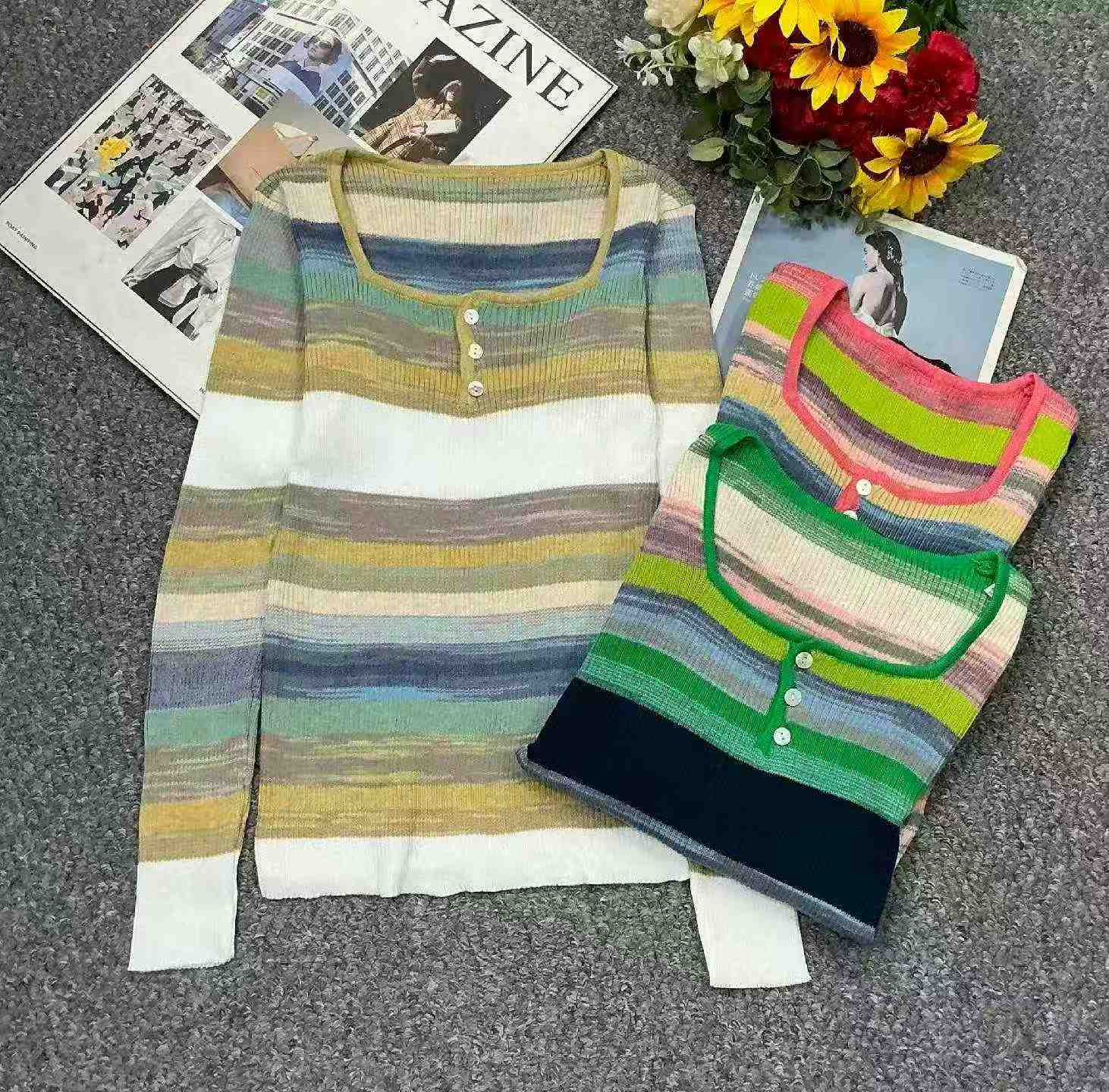 Spring Autumn New Slim Stretch Rainbow Stripe Long Sleeve Knit Sweater, 510 Pieces - Image 4
