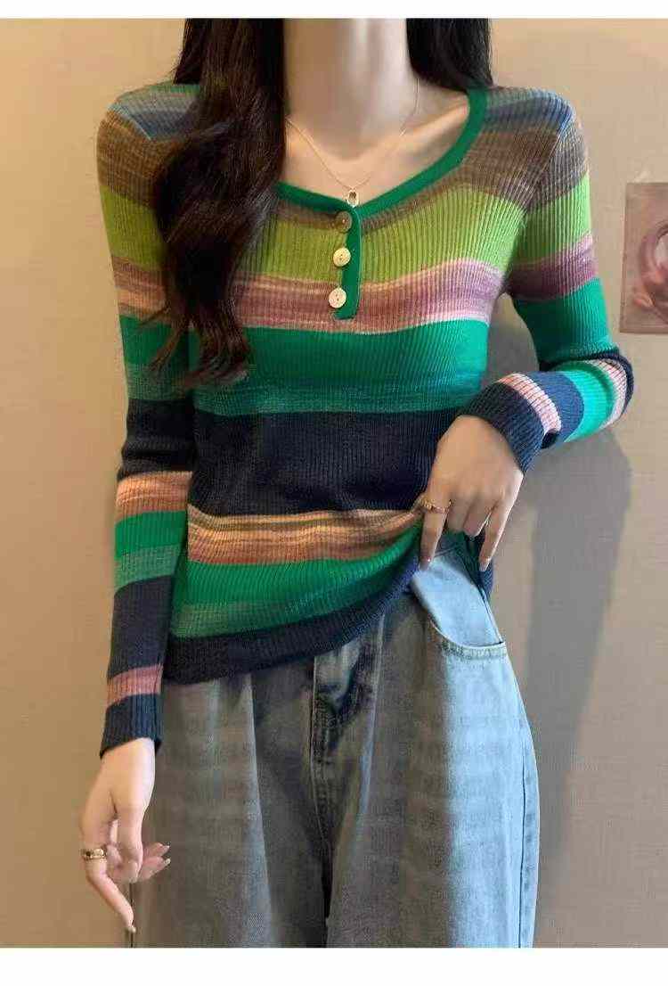 Spring Autumn New Slim Stretch Rainbow Stripe Long Sleeve Knit Sweater, 510 Pieces - Image 5