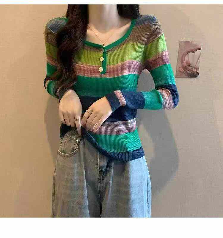 Spring Autumn New Slim Stretch Rainbow Stripe Long Sleeve Knit Sweater, 510 Pieces - Image 6