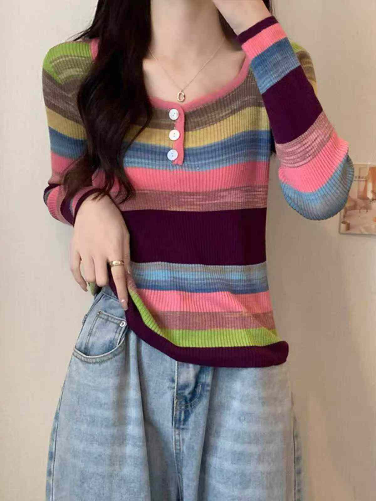 Spring Autumn New Slim Stretch Rainbow Stripe Long Sleeve Knit Sweater, 510 Pieces - Image 7