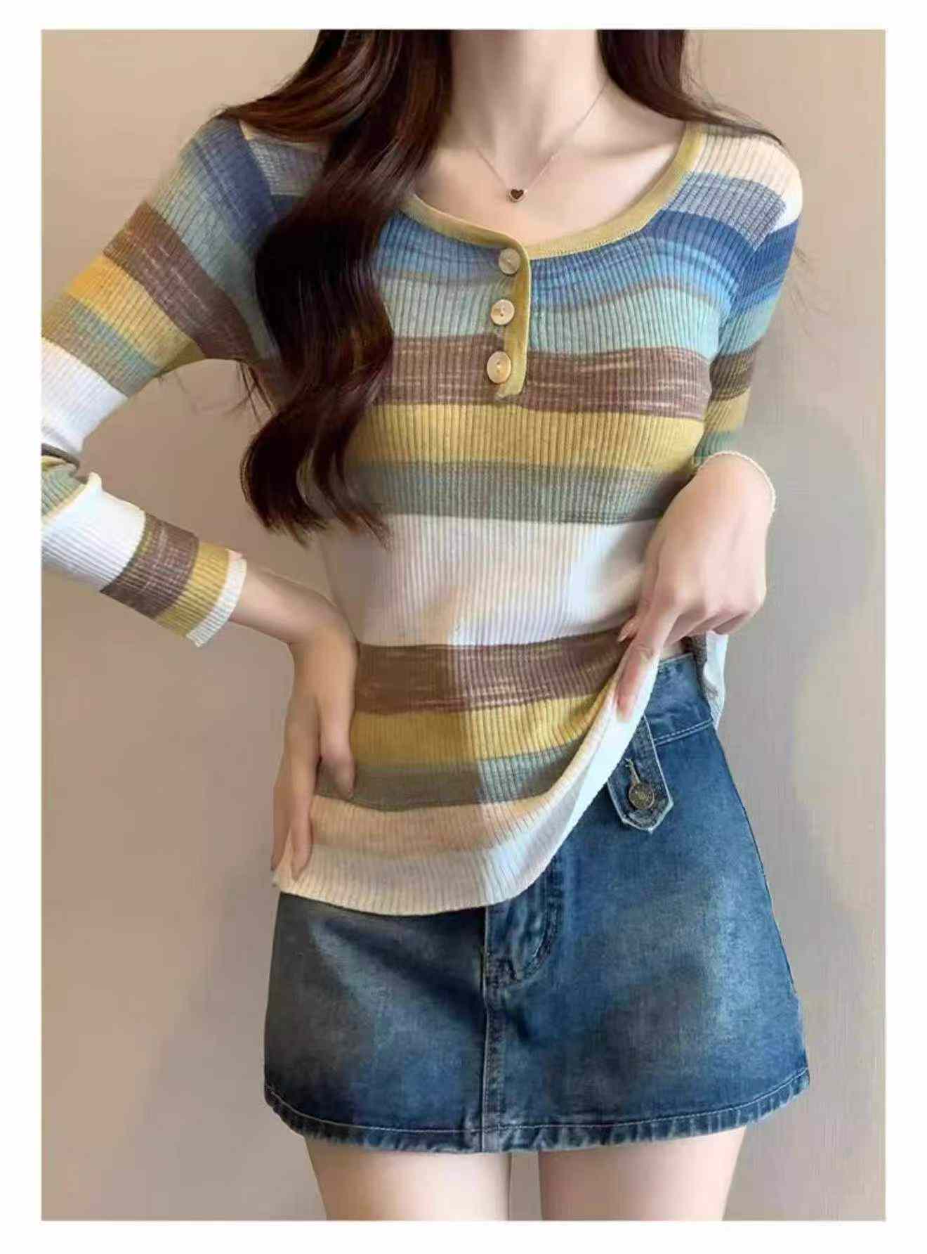 Spring Autumn New Slim Stretch Rainbow Stripe Long Sleeve Knit Sweater, 510 Pieces - Image 8