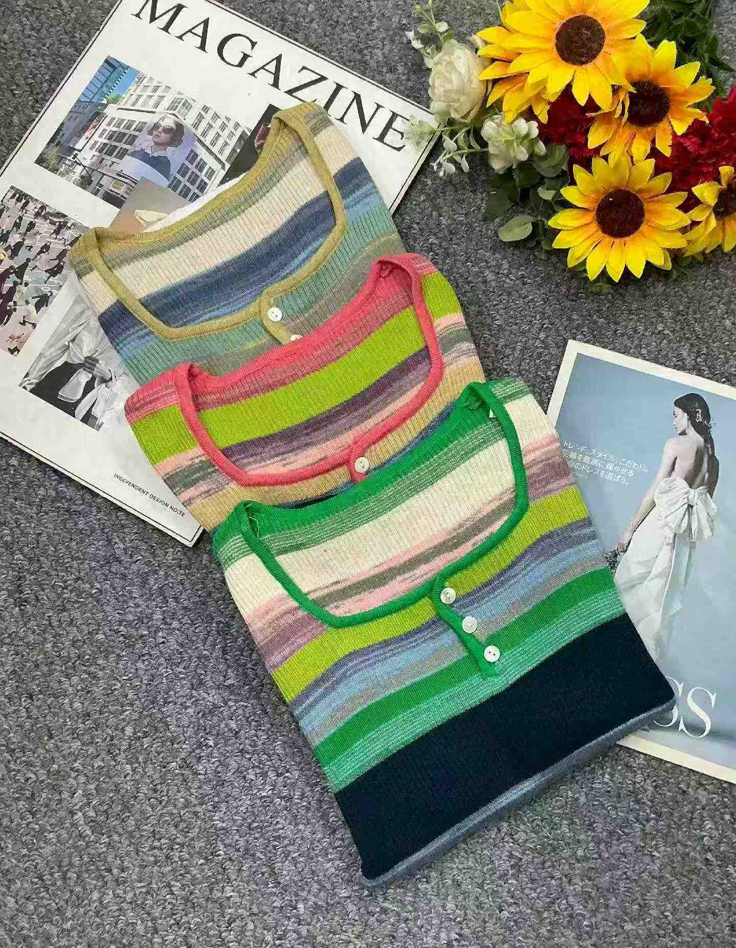 Spring Autumn New Slim Stretch Rainbow Stripe Long Sleeve Knit Sweater, 510 Pieces - Image 9