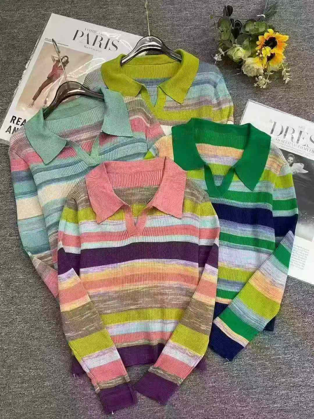 秋季新款女裝Polo領撞色彩虹條紋寬鬆長袖套頭羊毛毛衣 1800件 - Image 2