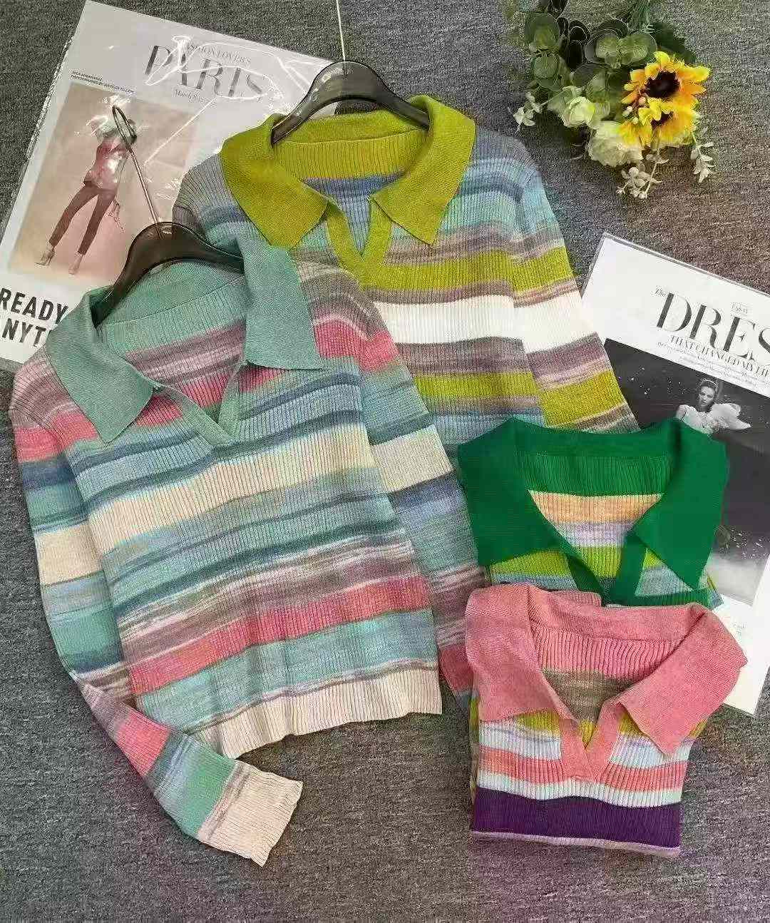 秋季新款女裝Polo領撞色彩虹條紋寬鬆長袖套頭羊毛毛衣 1800件 - Image 3