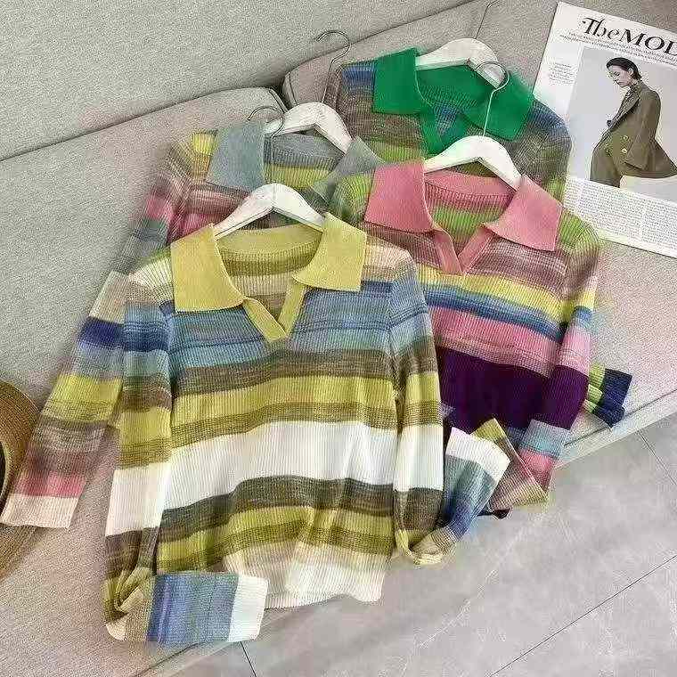 秋季新款女裝Polo領撞色彩虹條紋寬鬆長袖套頭羊毛毛衣 1800件 - Image 4