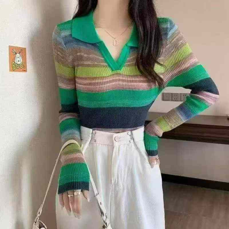 秋季新款女裝Polo領撞色彩虹條紋寬鬆長袖套頭羊毛毛衣 1800件 - Image 5
