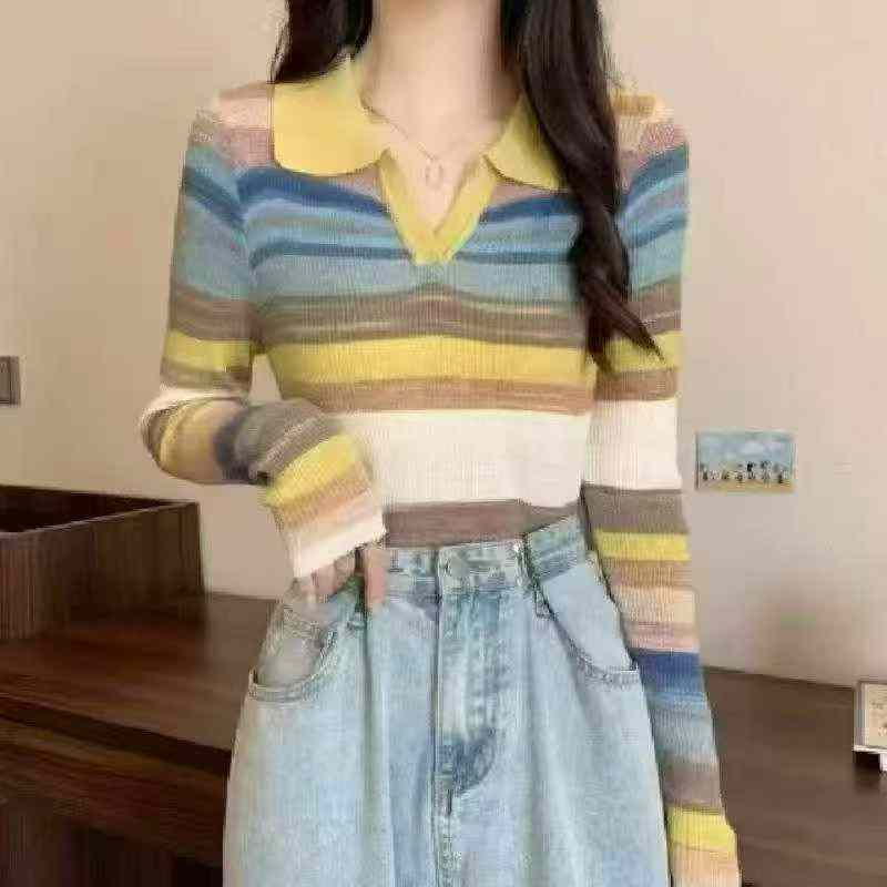 秋季新款女裝Polo領撞色彩虹條紋寬鬆長袖套頭羊毛毛衣 1800件 - Image 6