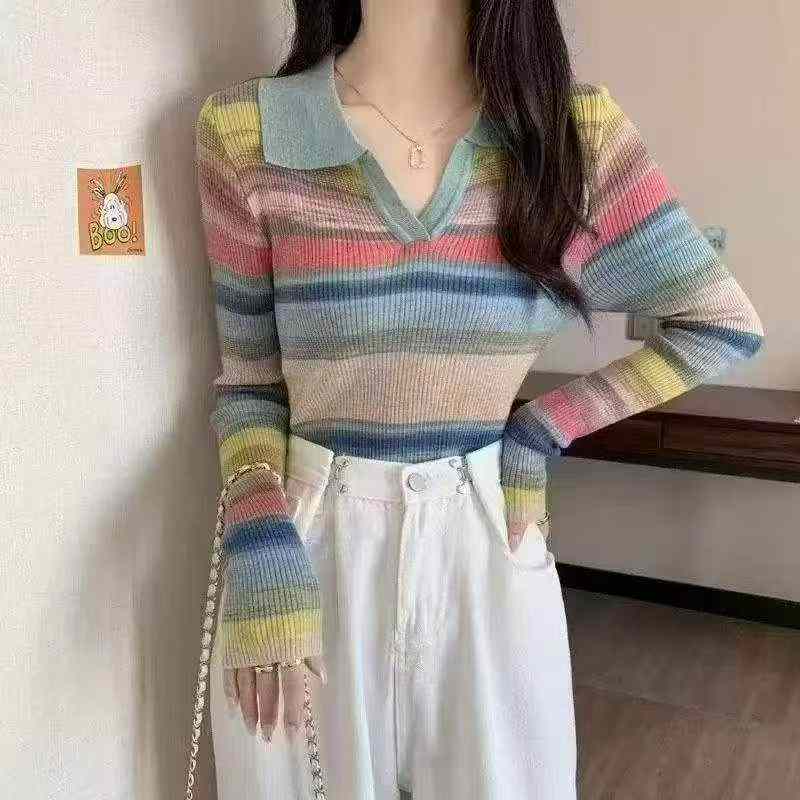 秋季新款女裝Polo領撞色彩虹條紋寬鬆長袖套頭羊毛毛衣 1800件 - Image 7