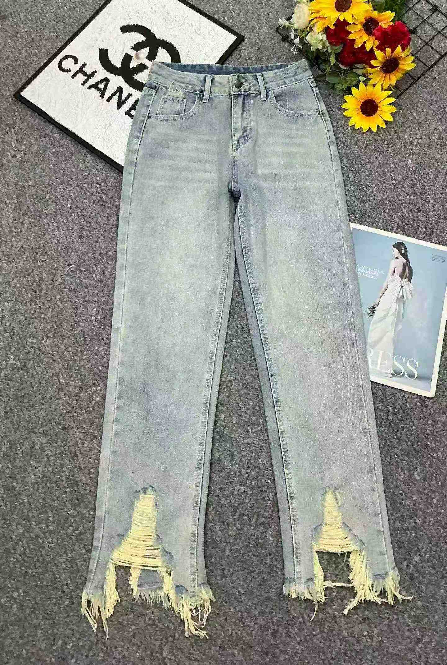New Spring Summer Vintage Washed Cotton Frayed Edge Jeans, 350 Pieces - Image 2