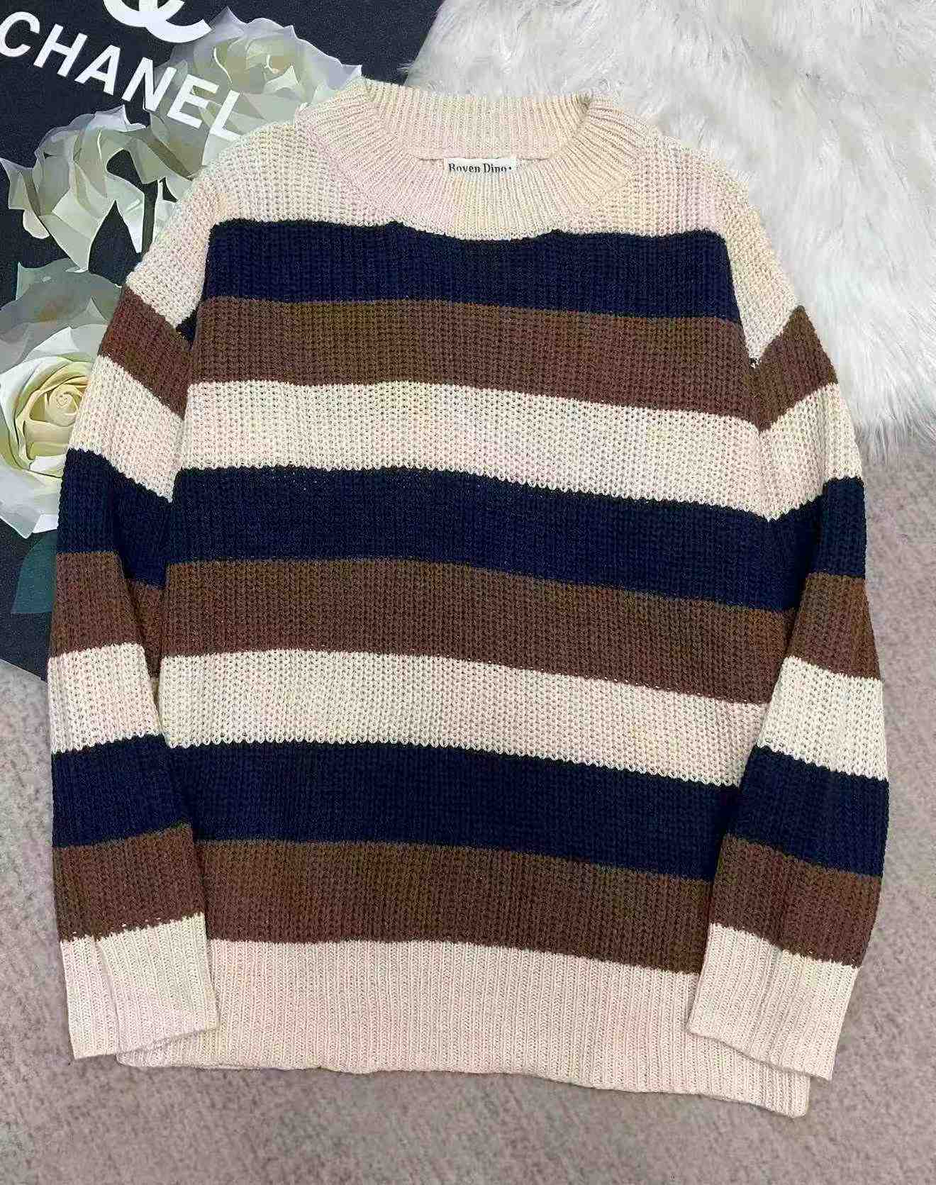Autumn Winter New Men's Color Block Striped Loose Retro Pullover Sweater, 850 Pieces - Image 2