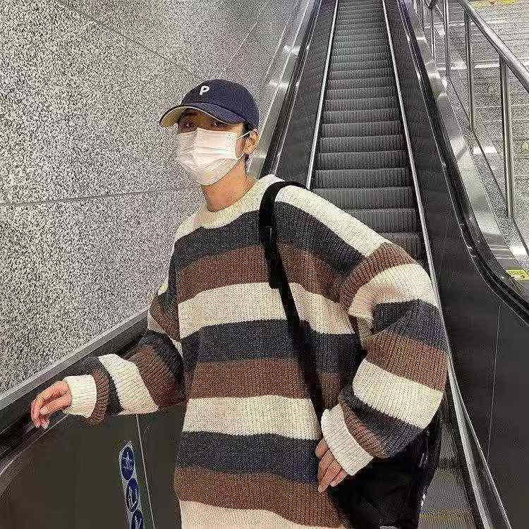 Autumn Winter New Men's Color Block Striped Loose Retro Pullover Sweater, 850 Pieces - Image 4