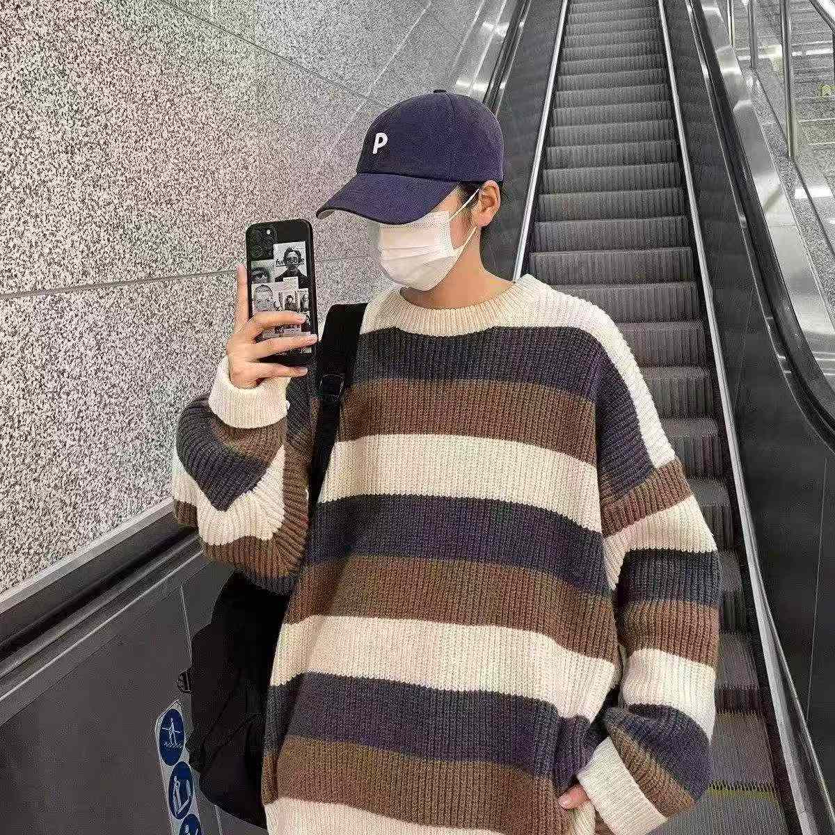 Autumn Winter New Men's Color Block Striped Loose Retro Pullover Sweater, 850 Pieces - Image 5