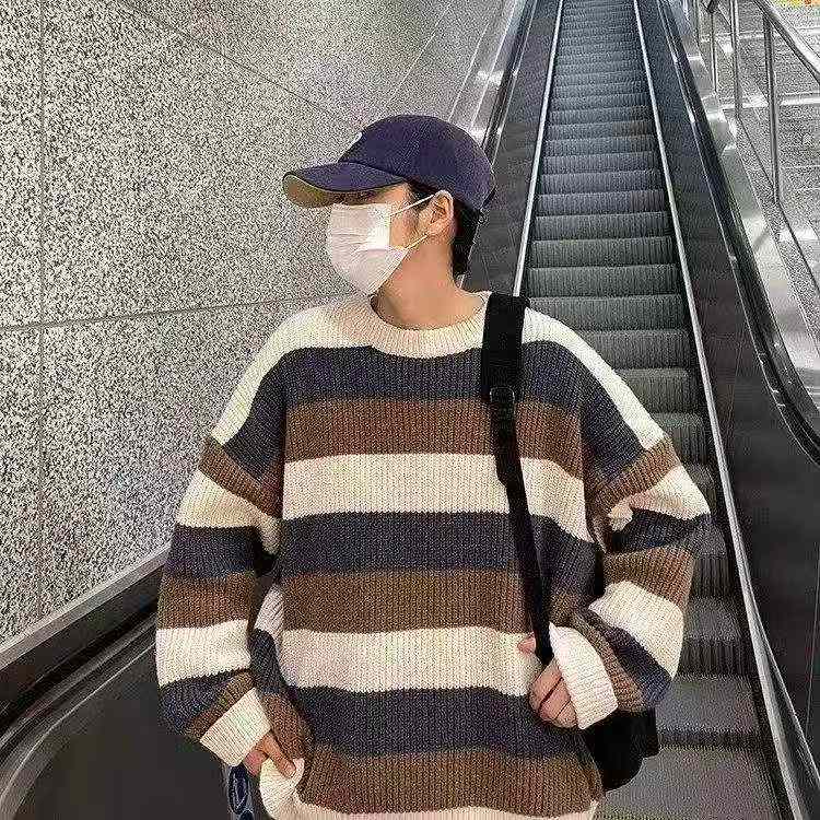 Autumn Winter New Men's Color Block Striped Loose Retro Pullover Sweater, 850 Pieces - Image 7