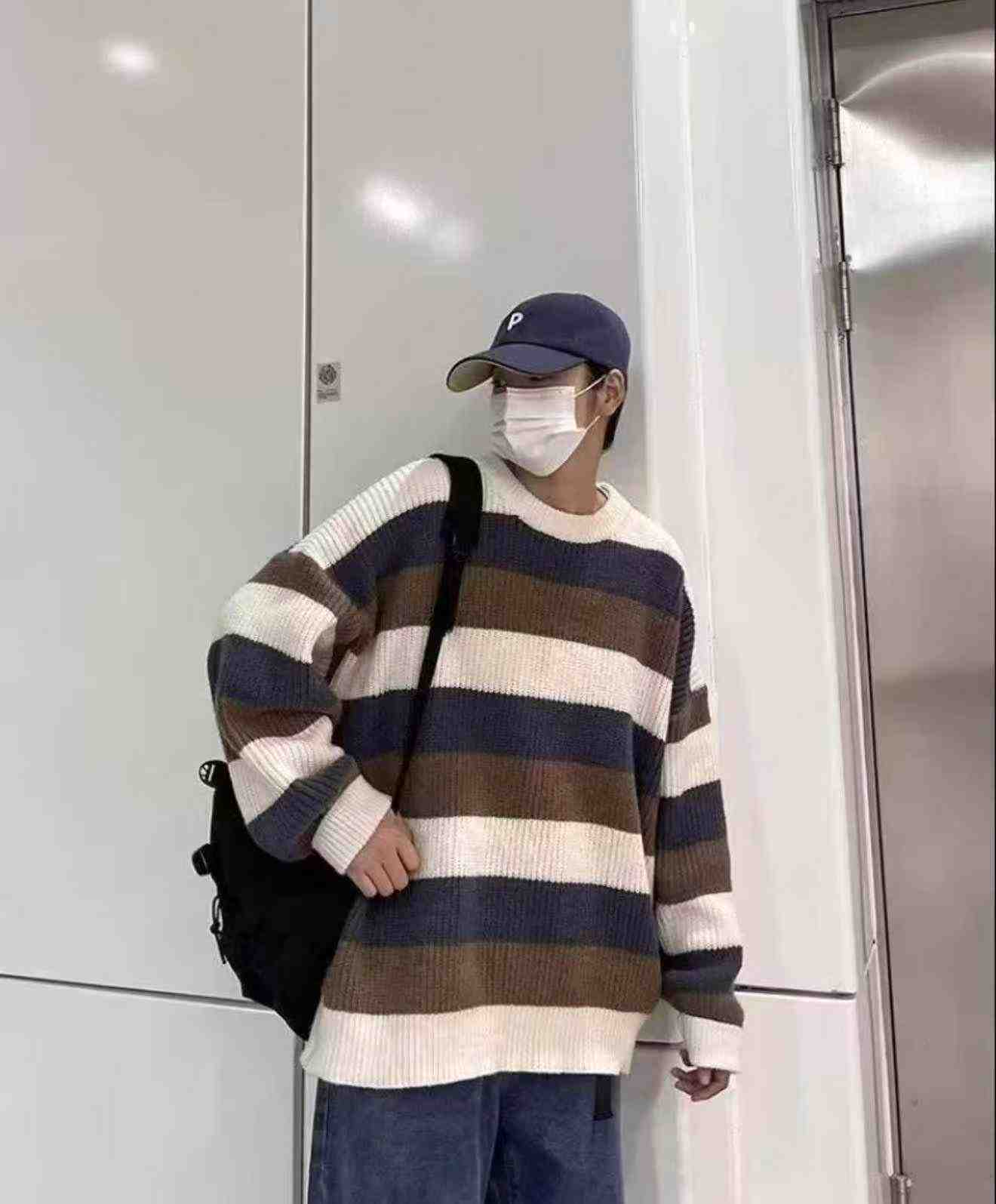 Autumn Winter New Men's Color Block Striped Loose Retro Pullover Sweater, 850 Pieces - Image 8