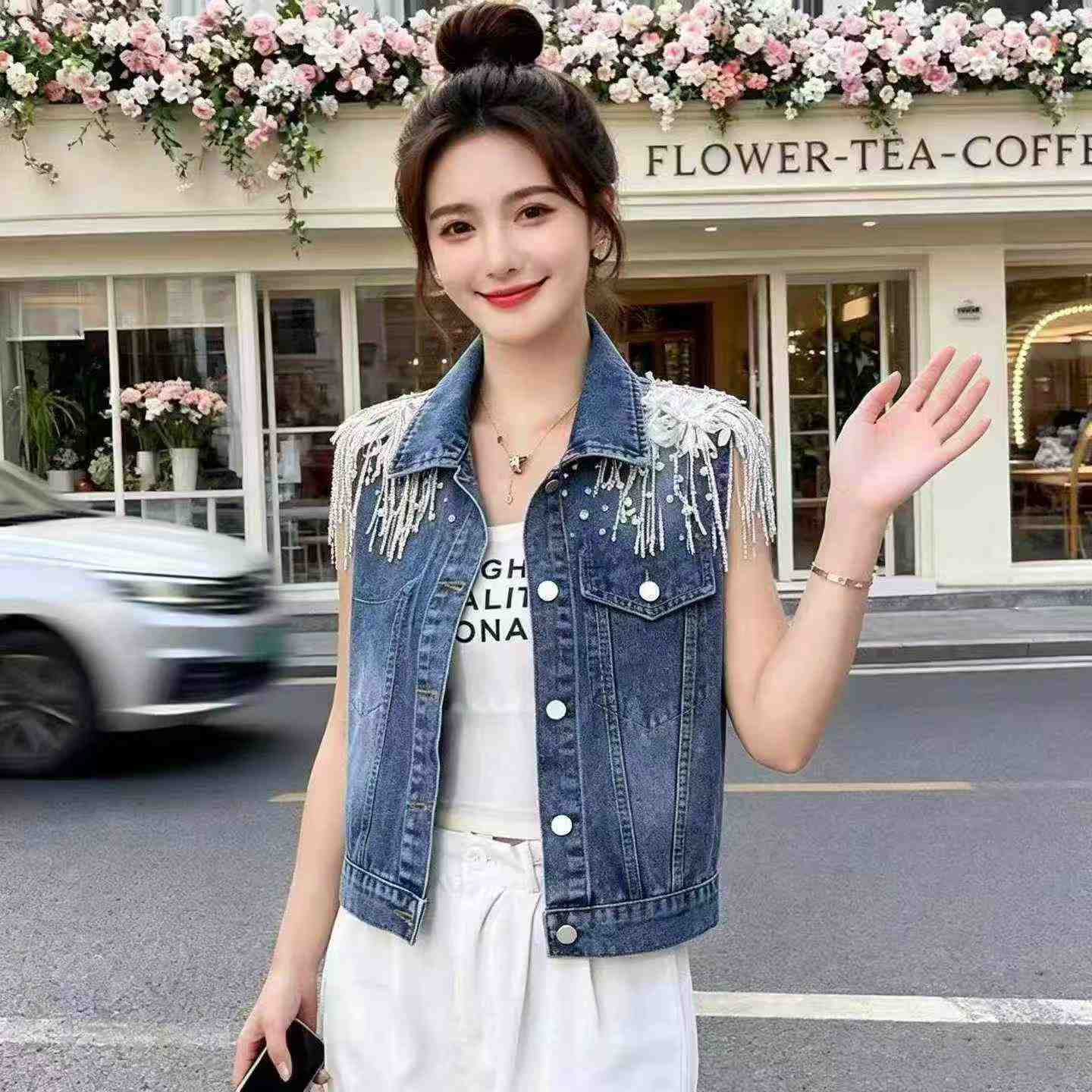 2026 Majira ya Joto Mpya Vesti ya Denim Iliyofupishwa yenye Sequins na Tassels kwa Wanawake, Vipande 1200 - Image 2