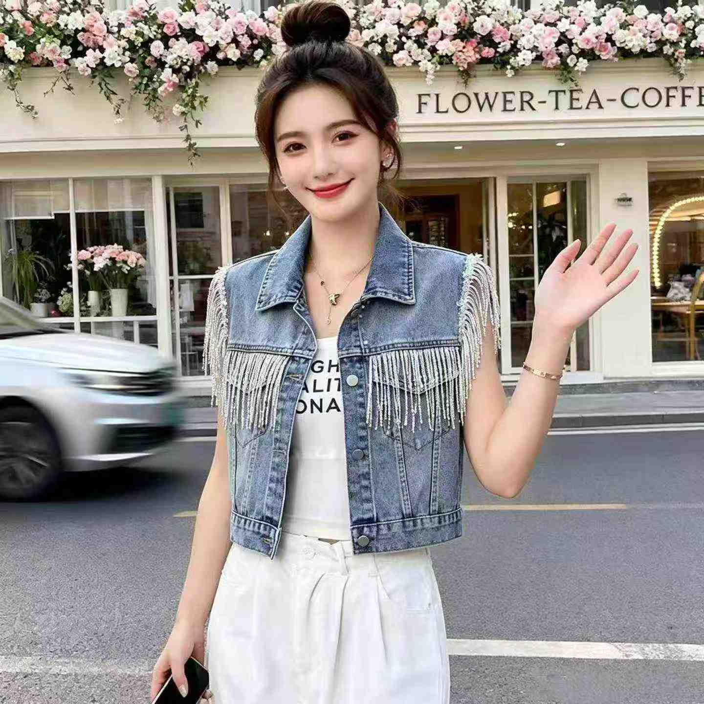 2026 Majira ya Joto Mpya Vesti ya Denim Iliyofupishwa yenye Sequins na Tassels kwa Wanawake, Vipande 1200 - Image 3