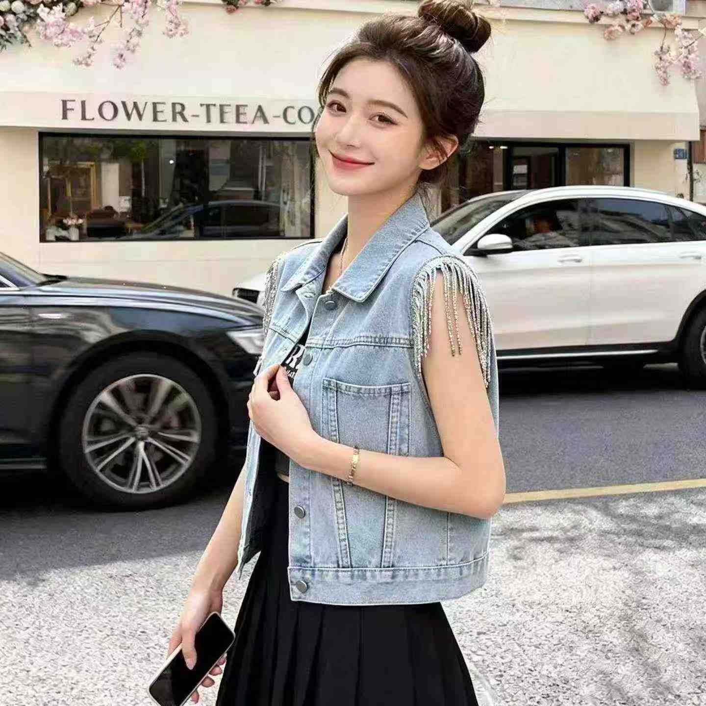 2026 Majira ya Joto Mpya Vesti ya Denim Iliyofupishwa yenye Sequins na Tassels kwa Wanawake, Vipande 1200 - Image 4