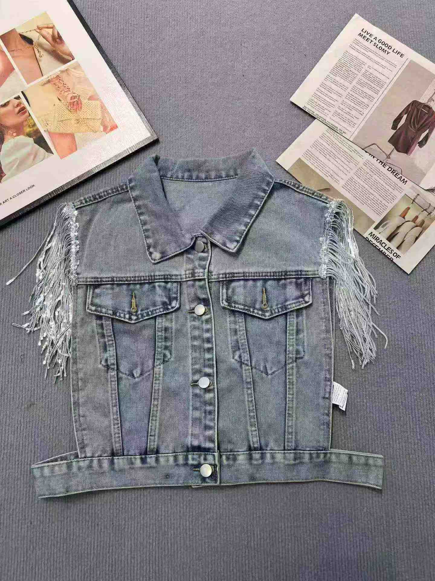 2026 Majira ya Joto Mpya Vesti ya Denim Iliyofupishwa yenye Sequins na Tassels kwa Wanawake, Vipande 1200 - Image 5